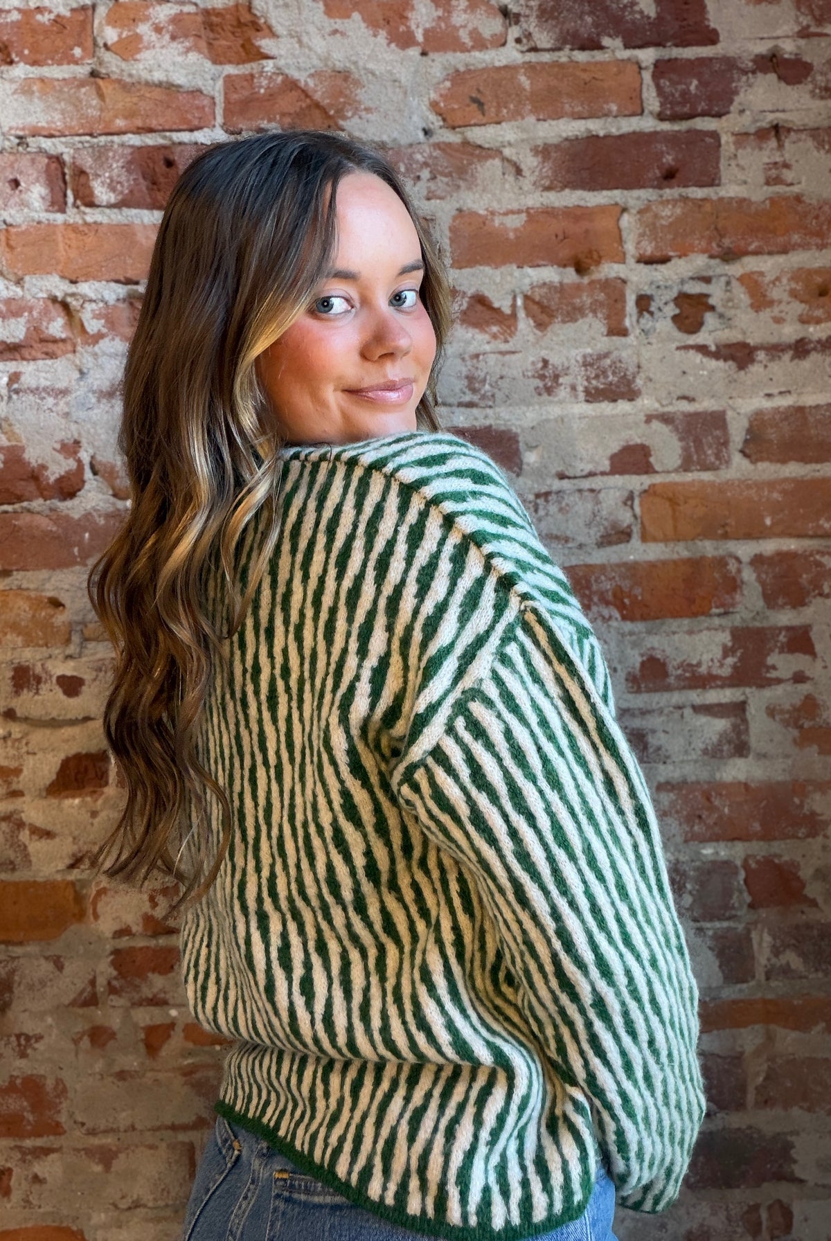 Maisey Green Abstract Stripe Sweater-Sweaters-be young-The Funky Zebra Ames, Women's Fashion Boutique in Ames, Iowa