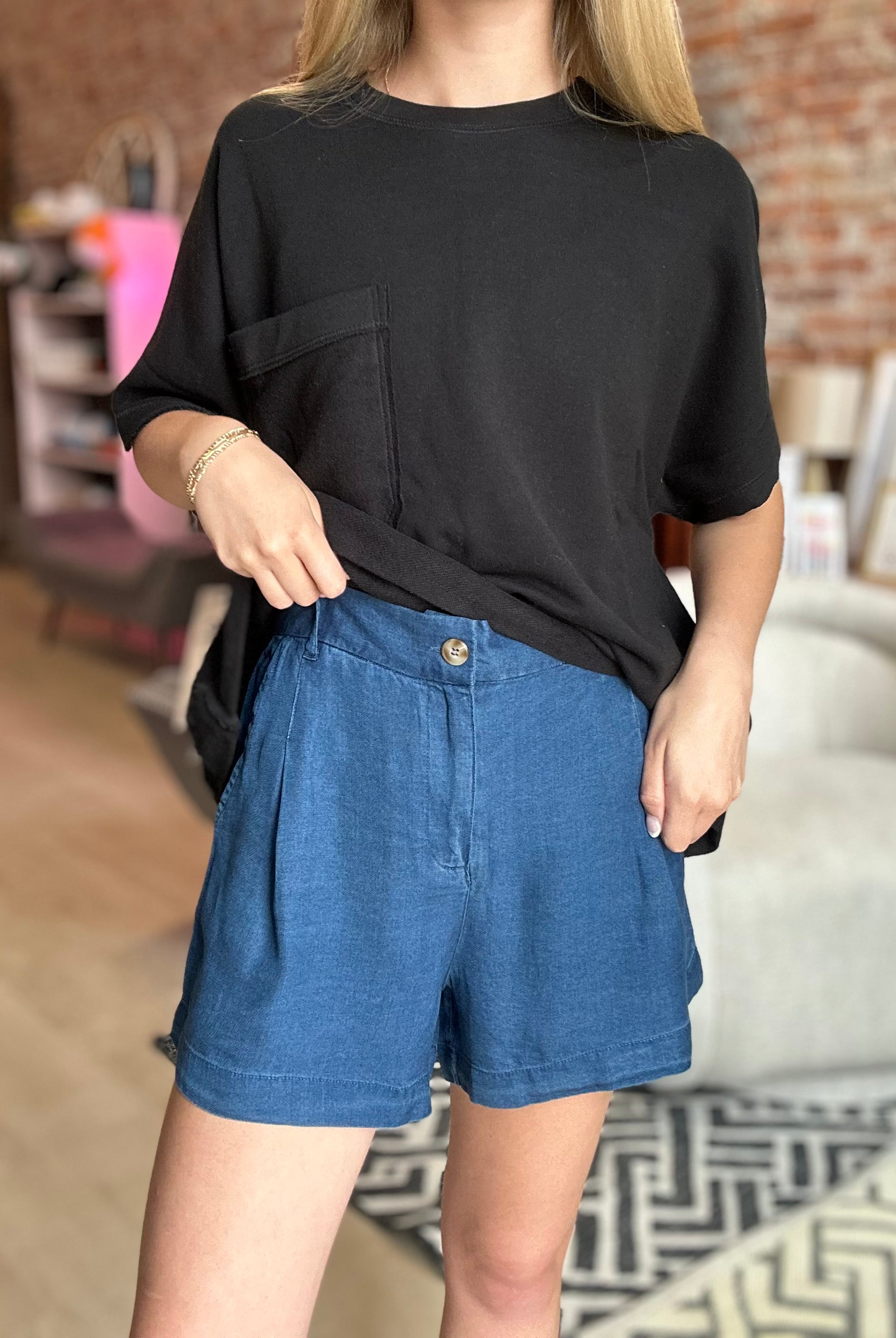 Kendra Chambray High Waist Shorts-apparel-Blu Pepper-The Funky Zebra Ames, Women's Fashion Boutique in Ames, Iowa