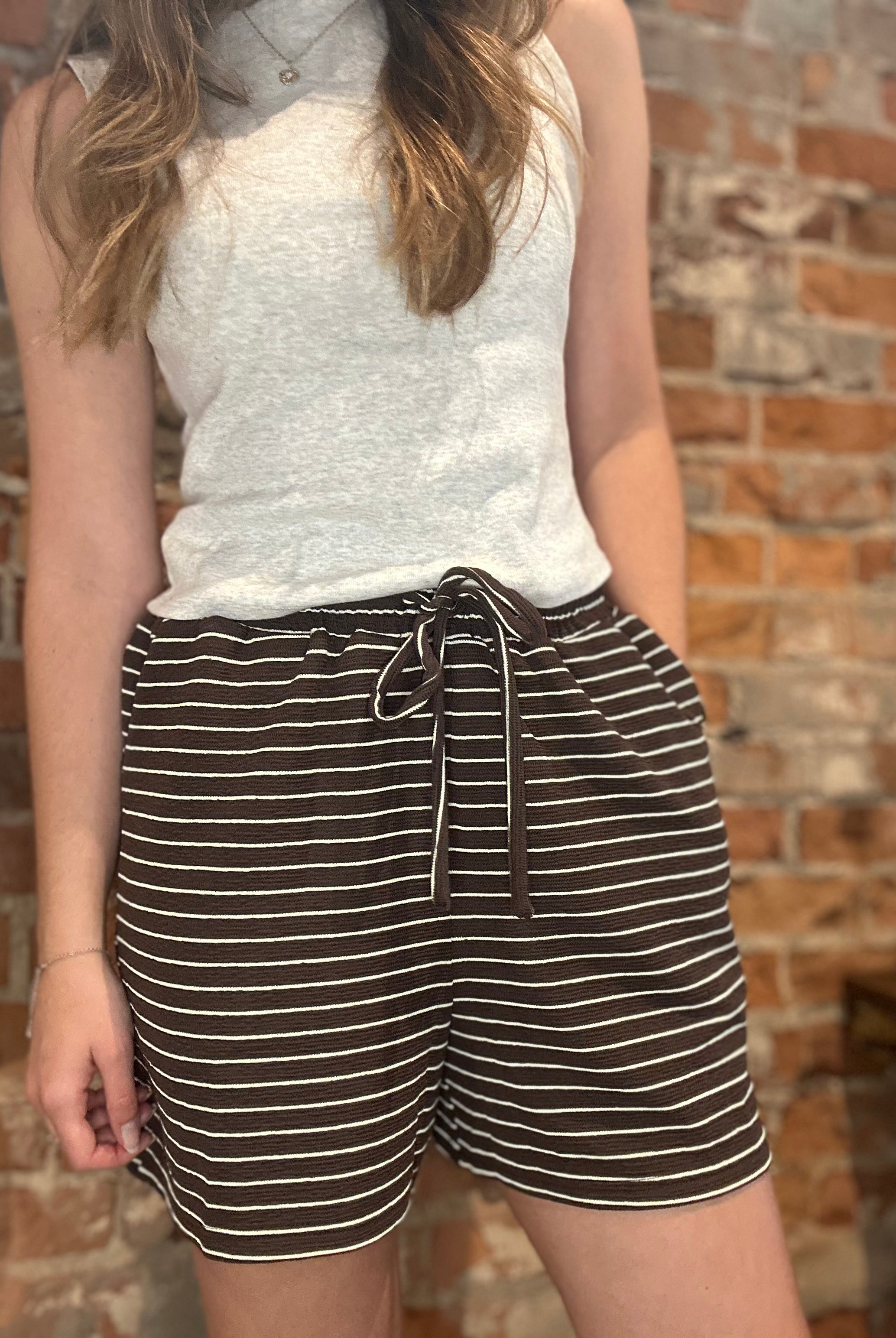 Evie Espresso Striped Drawstring Shorts-Shorts-Cozy Co-The Funky Zebra Ames, Women's Fashion Boutique in Ames, Iowa