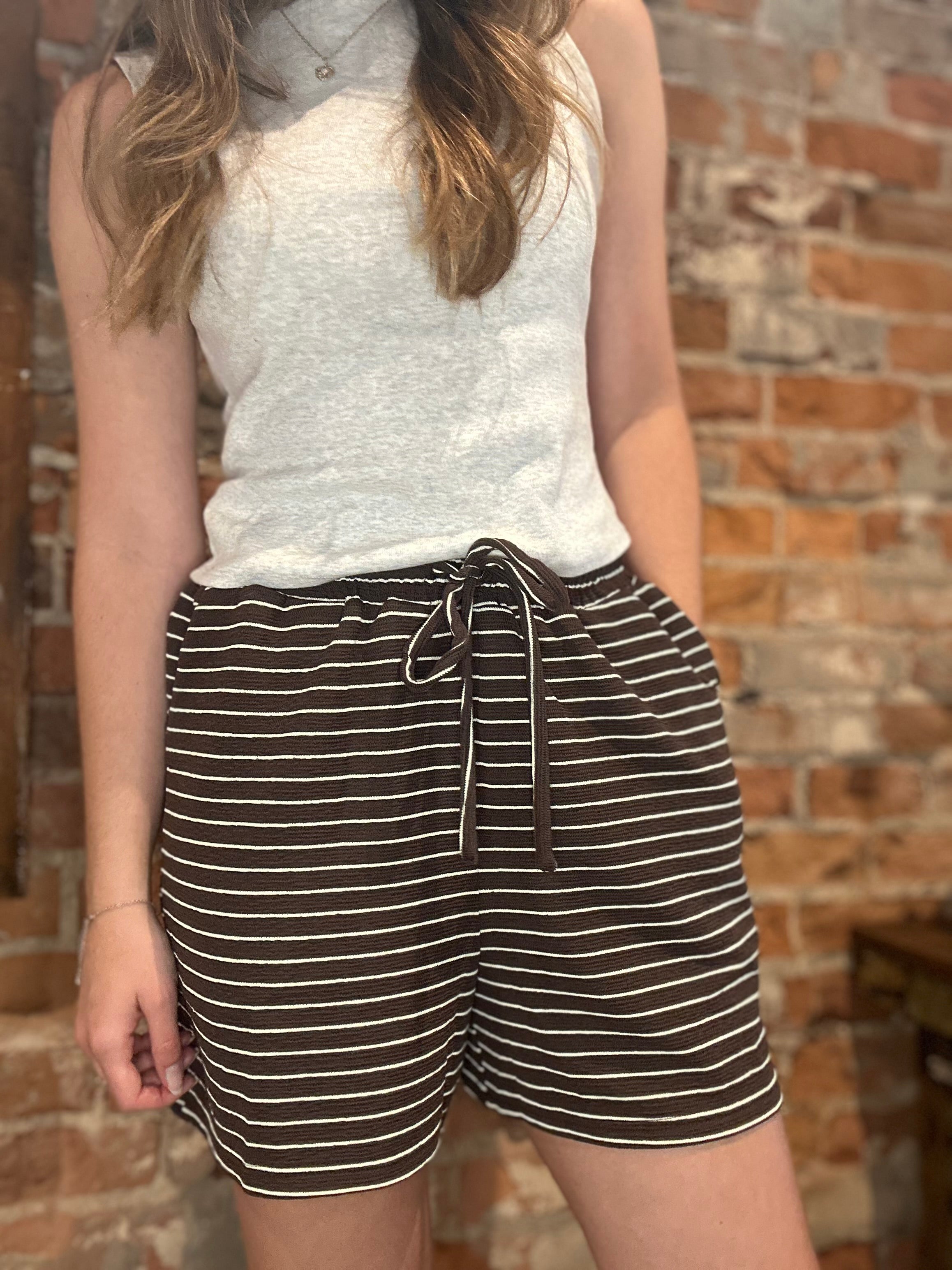 Evie Espresso Striped Drawstring Shorts-Shorts-Cozy Co-The Funky Zebra Ames, Women's Fashion Boutique in Ames, Iowa
