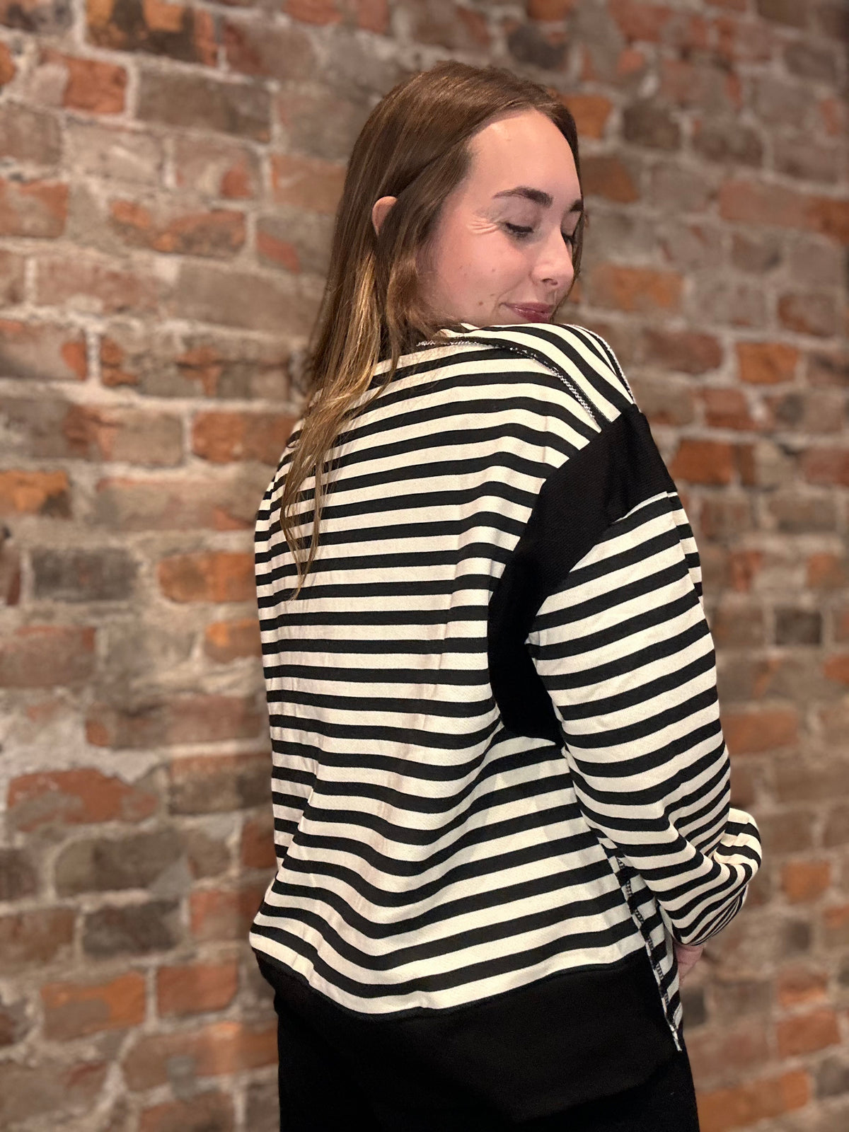 B&W Exposed Seam Striped Sweatshirt-Long Sleeves-Doe and Rae-The Funky Zebra Ames, Women's Fashion Boutique in Ames, Iowa