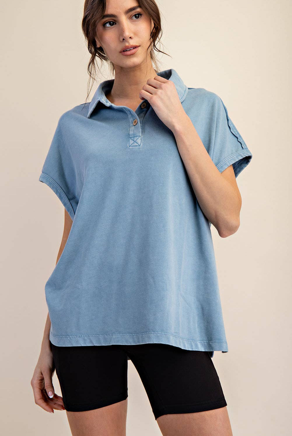 Margot Washed Polo Top-apparel-Rae Mode-The Funky Zebra Ames, Women's Fashion Boutique in Ames, Iowa