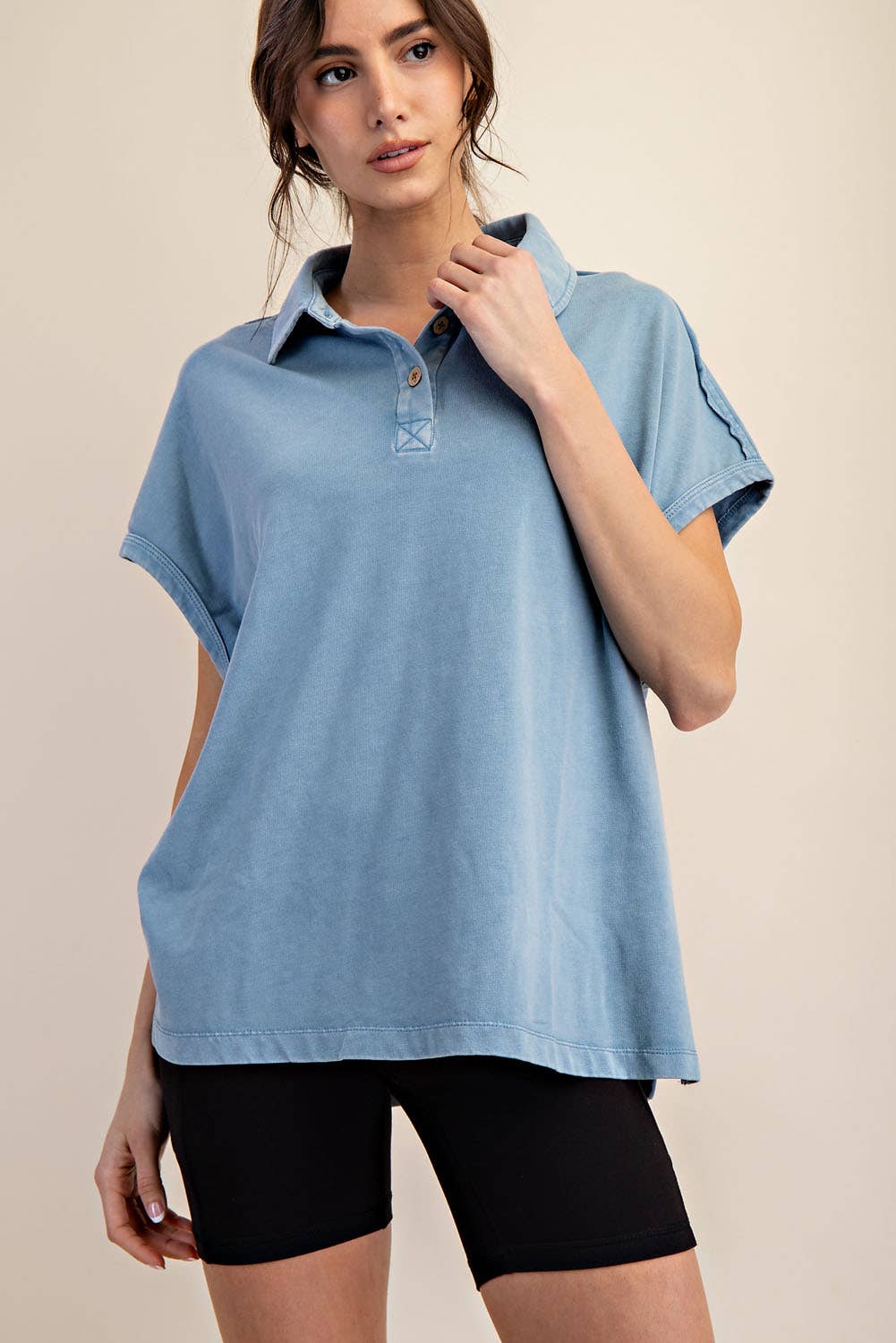 Margot Washed Polo Top-apparel-Rae Mode-The Funky Zebra Ames, Women's Fashion Boutique in Ames, Iowa