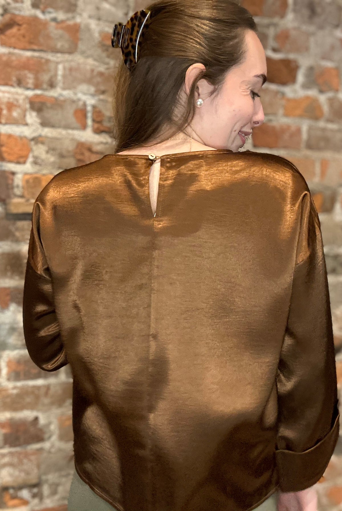 Mira Coffee Brown Satin Top-top-Cozy Co-The Funky Zebra Ames, Women's Fashion Boutique in Ames, Iowa