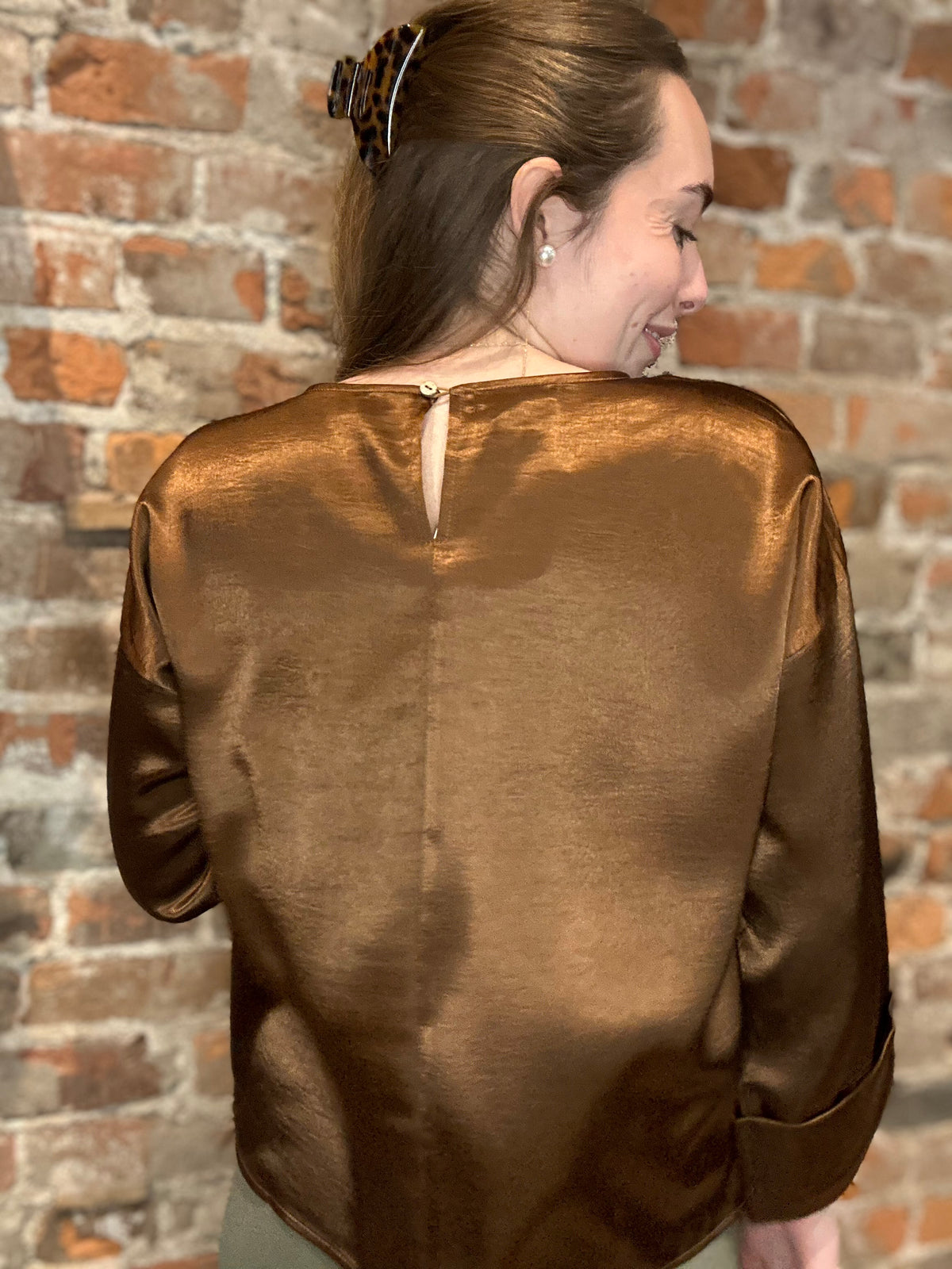 Mira Coffee Brown Satin Top-top-Cozy Co-The Funky Zebra Ames, Women's Fashion Boutique in Ames, Iowa