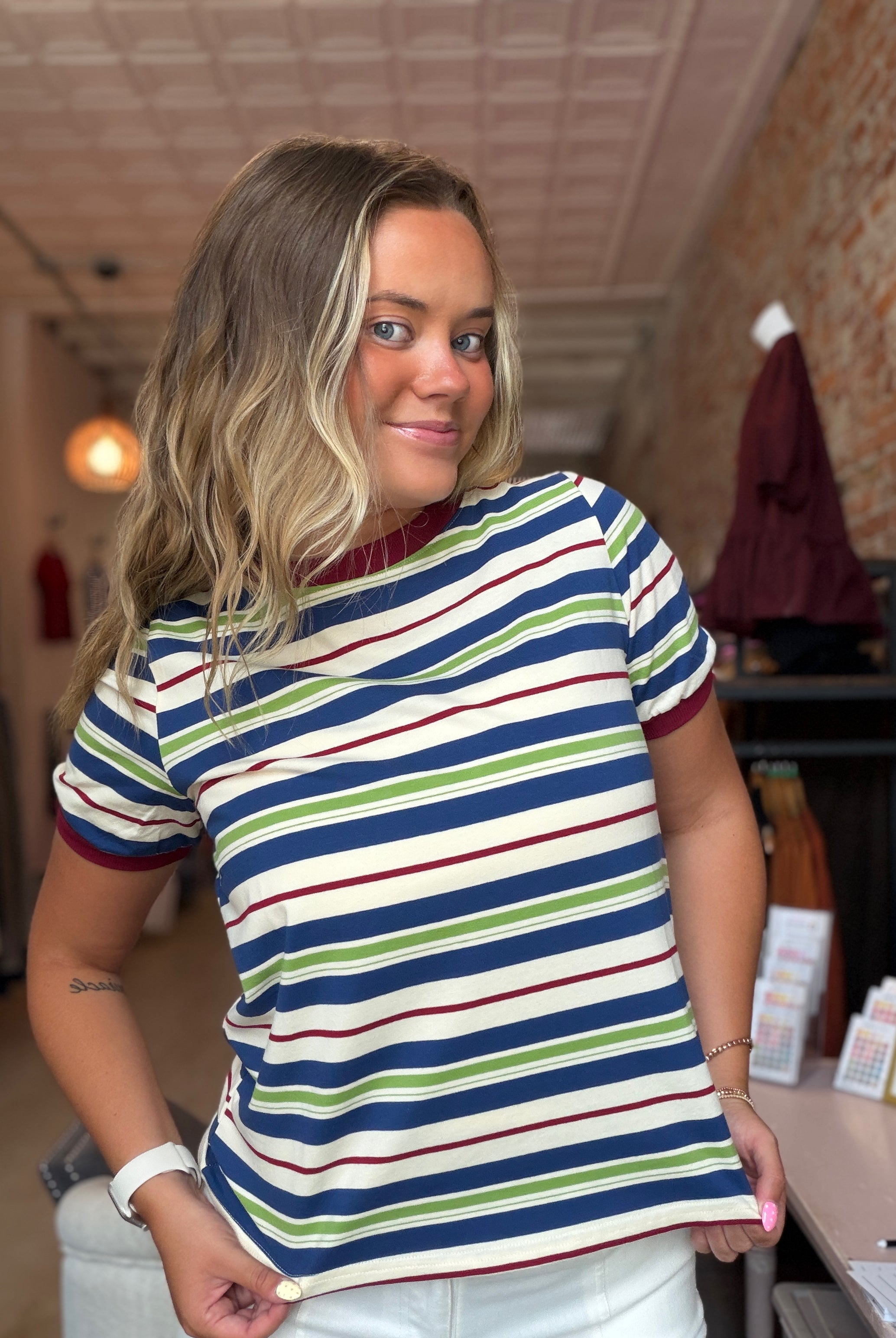Cara Navy Multistriped Top-Short Sleeves-Staccato-The Funky Zebra Ames, Women's Fashion Boutique in Ames, Iowa