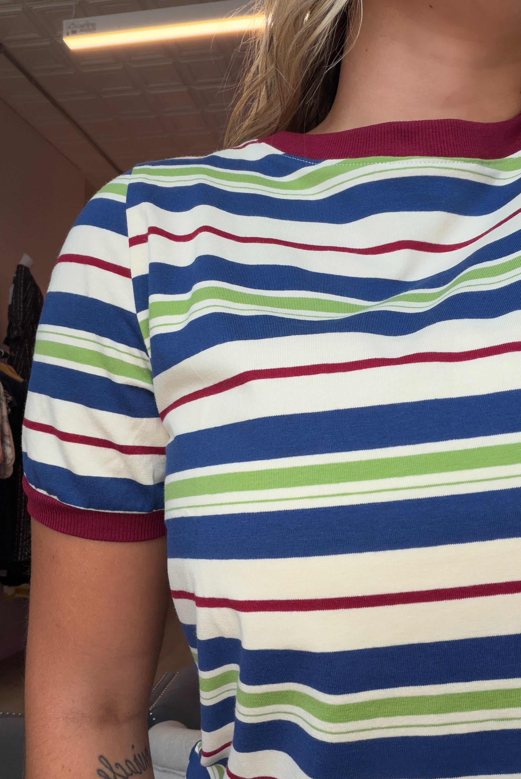 Cara Navy Multistriped Top-Short Sleeves-Staccato-The Funky Zebra Ames, Women's Fashion Boutique in Ames, Iowa