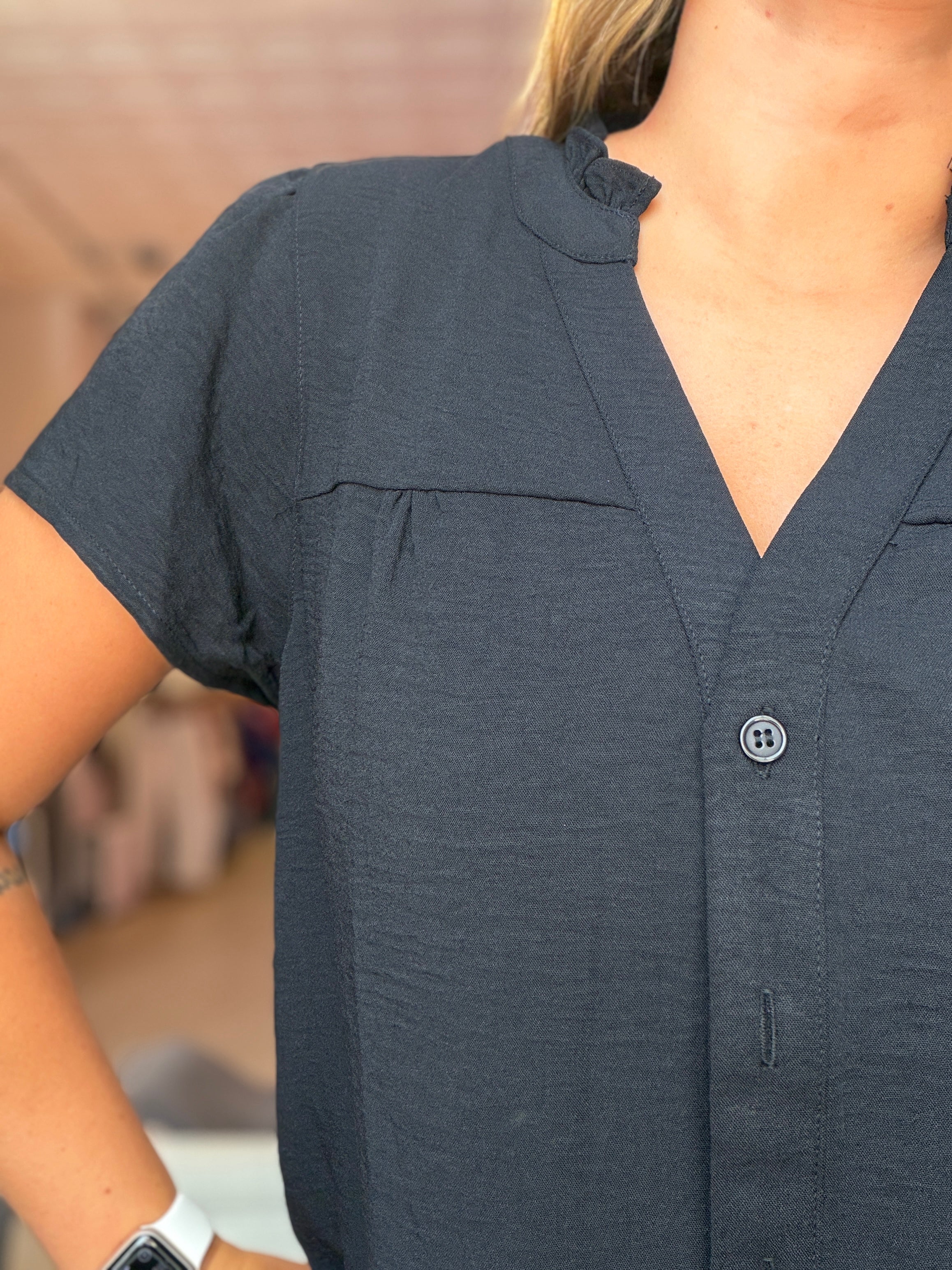Monica Frilled Neck Button Down Shirt-Short Sleeves-Staccato-The Funky Zebra Ames, Women's Fashion Boutique in Ames, Iowa