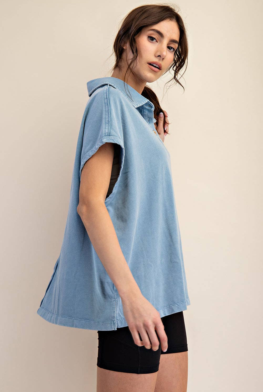 Margot Washed Polo Top-apparel-Rae Mode-The Funky Zebra Ames, Women's Fashion Boutique in Ames, Iowa