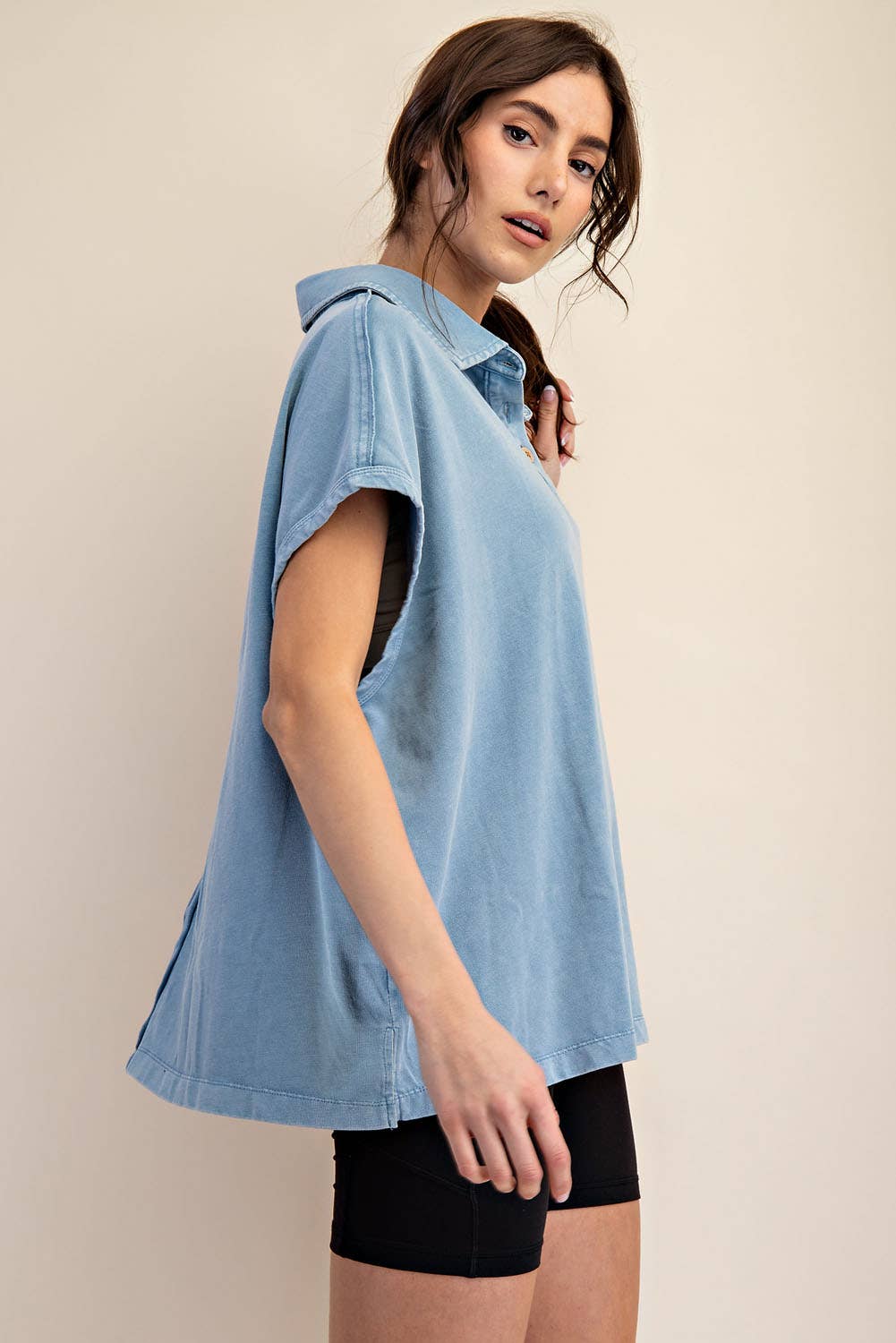Margot Washed Polo Top-apparel-Rae Mode-The Funky Zebra Ames, Women's Fashion Boutique in Ames, Iowa