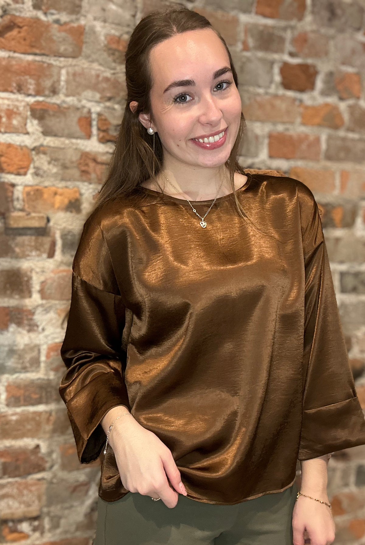 Mira Coffee Brown Satin Top-top-Cozy Co-The Funky Zebra Ames, Women's Fashion Boutique in Ames, Iowa