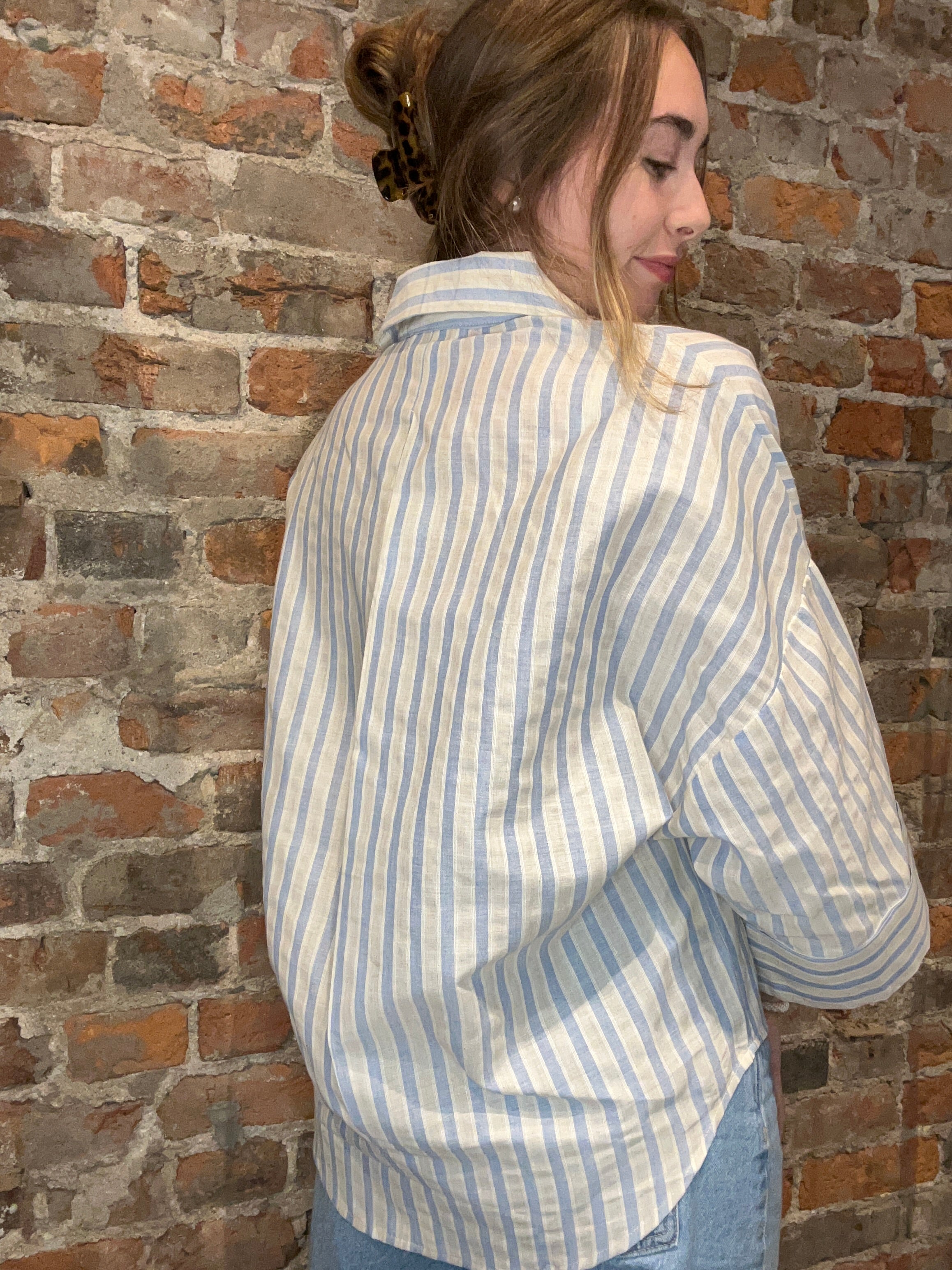 Brooke Split Neck Oversized Button Down Shirt-top-in february-The Funky Zebra Ames, Women's Fashion Boutique in Ames, Iowa