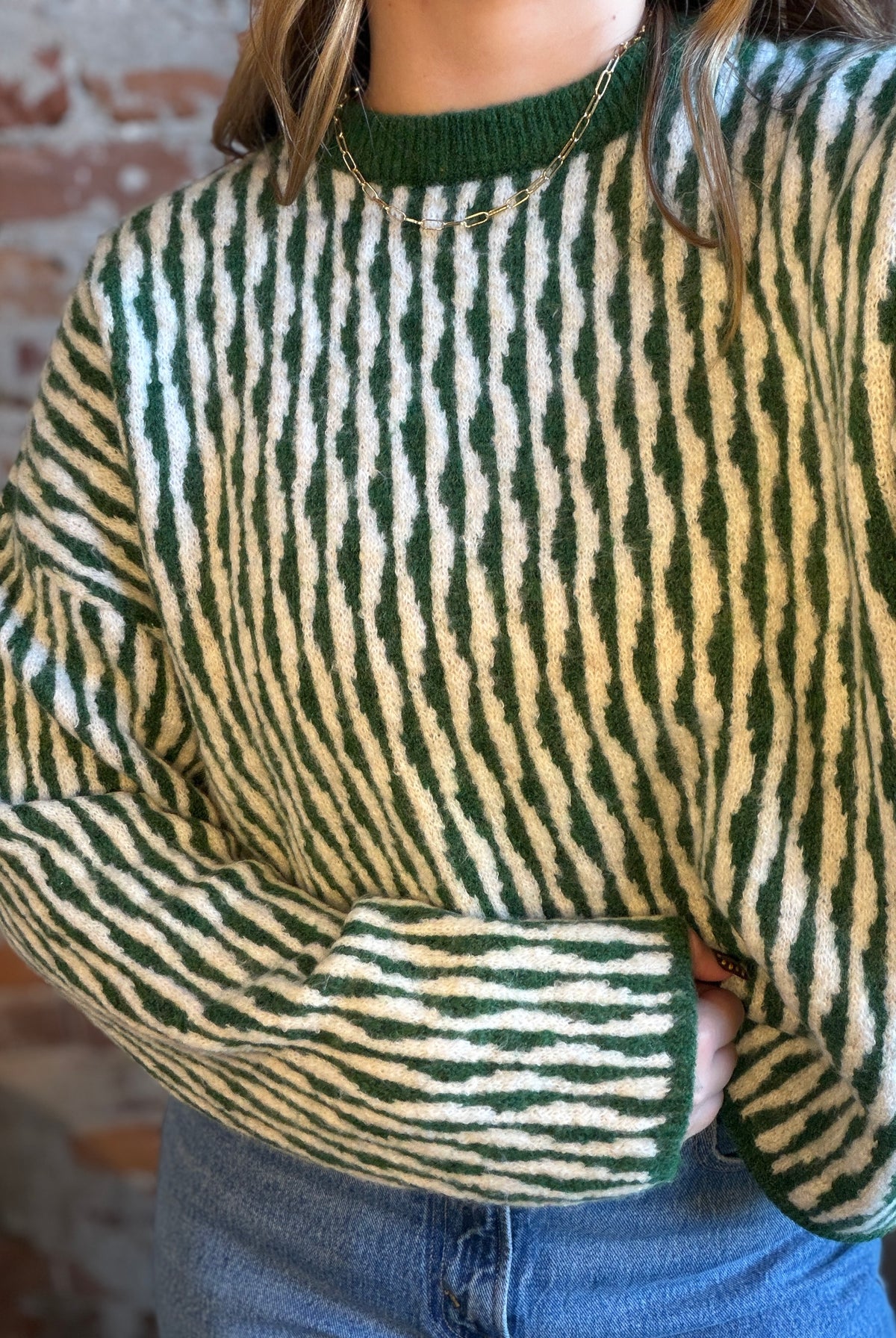 Maisey Green Abstract Stripe Sweater-Sweaters-be young-The Funky Zebra Ames, Women's Fashion Boutique in Ames, Iowa