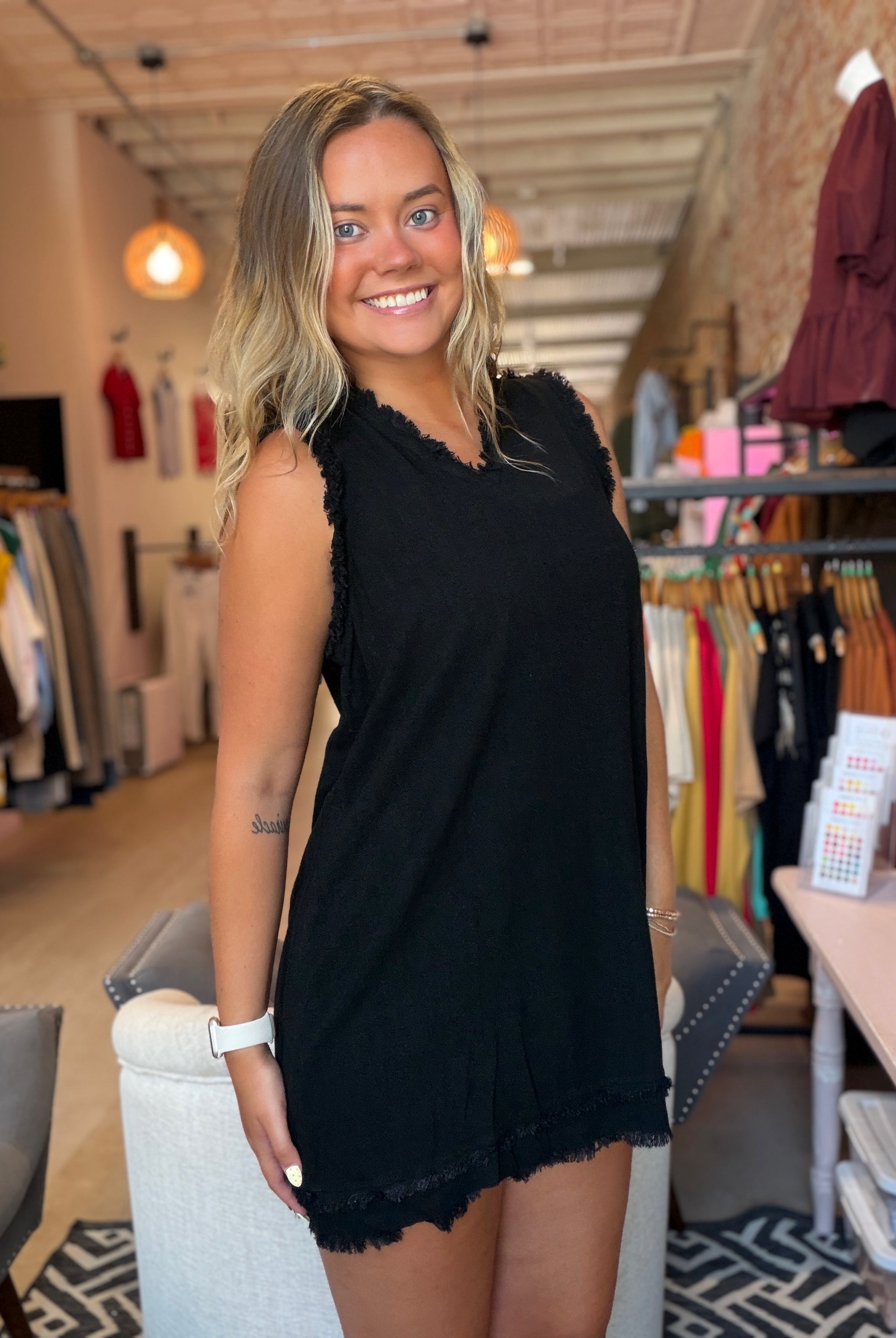 Charlie V Neck Raw Edge Dress-The Funky Zebra Ames-The Funky Zebra Ames, Women's Fashion Boutique in Ames, Iowa