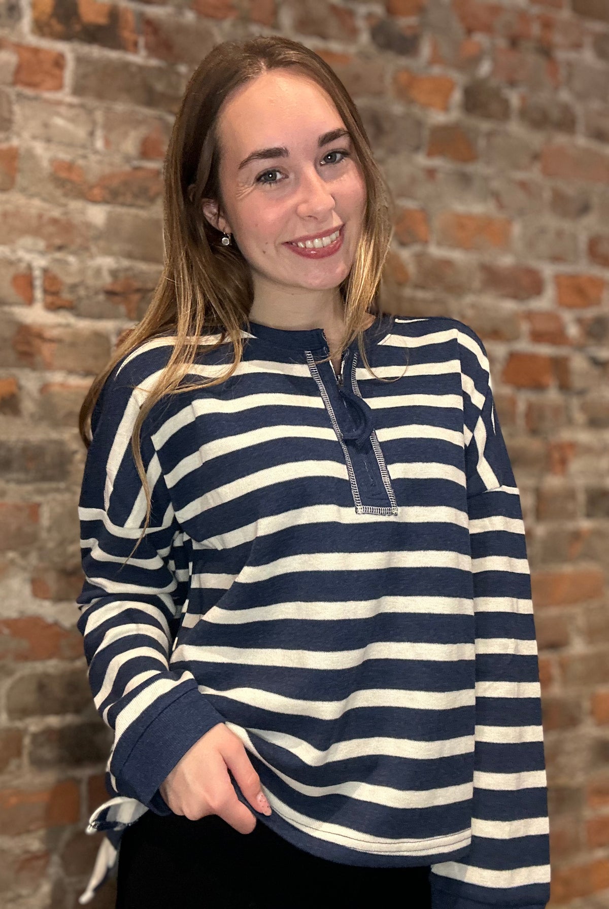 Simone Navy Striped Half-Zip-She & Sky-The Funky Zebra Ames, Women's Fashion Boutique in Ames, Iowa
