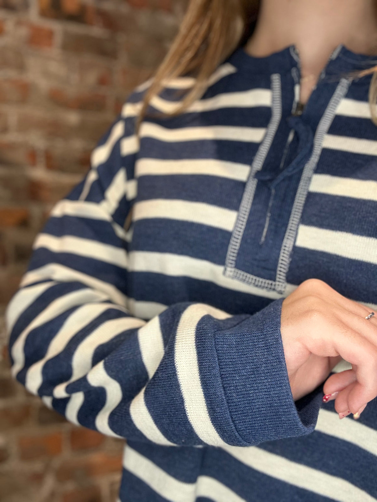 Simone Navy Striped Half-Zip-She & Sky-The Funky Zebra Ames, Women's Fashion Boutique in Ames, Iowa
