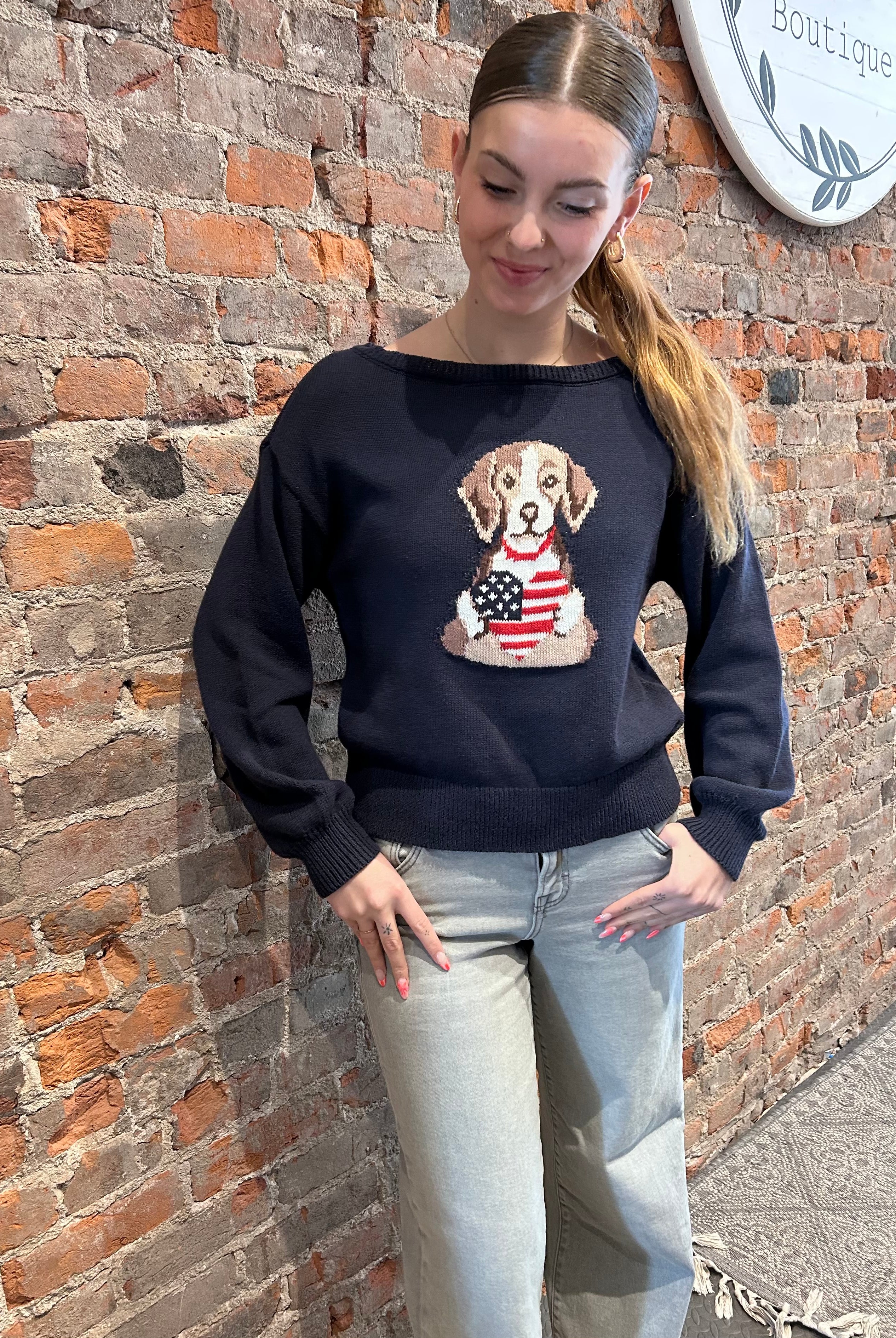 Raina American Heart Puppy Sweater-Sweaters-Blu Pepper-The Funky Zebra Ames, Women's Fashion Boutique in Ames, Iowa