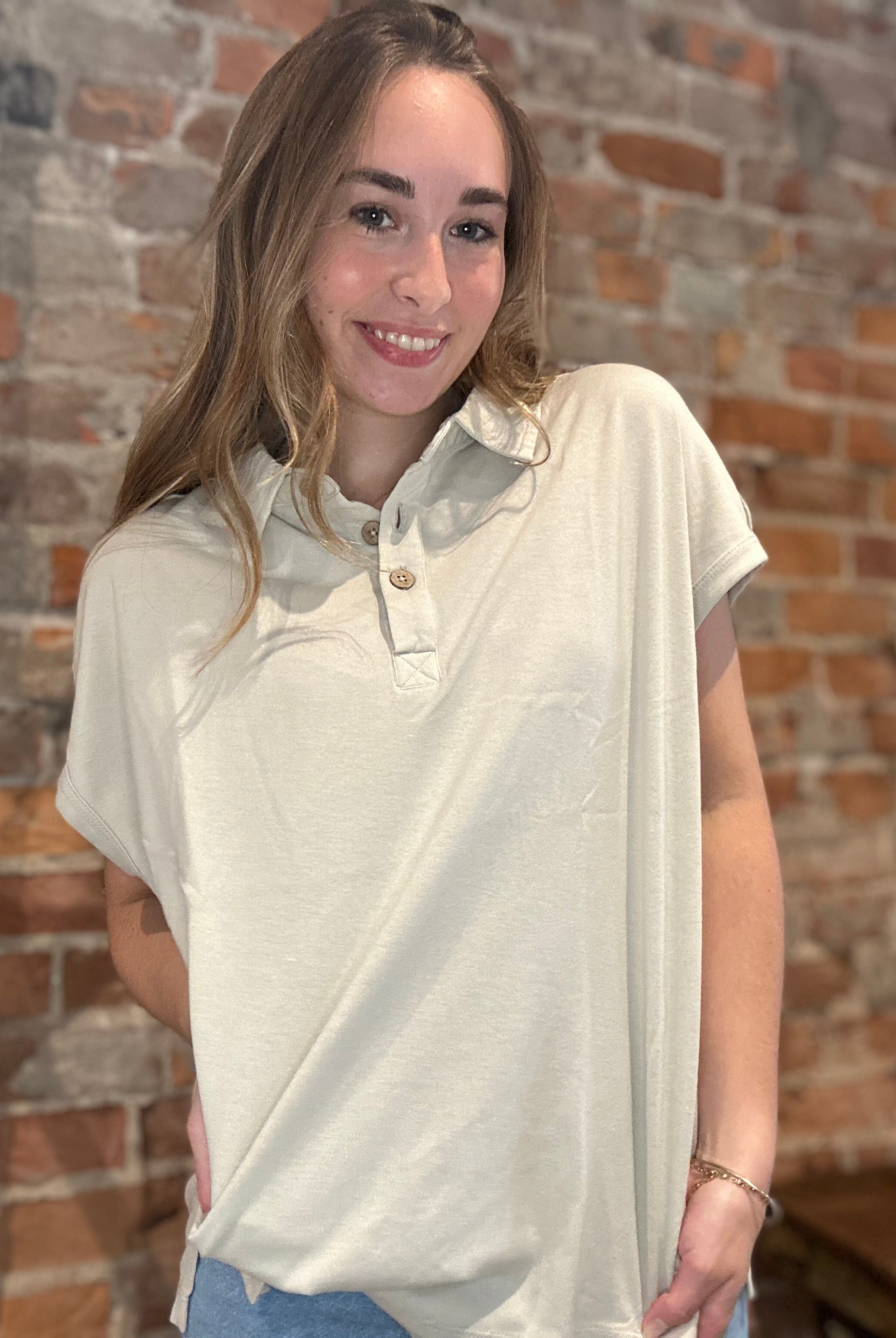 Margot Washed Polo Top-apparel-Rae Mode-The Funky Zebra Ames, Women's Fashion Boutique in Ames, Iowa