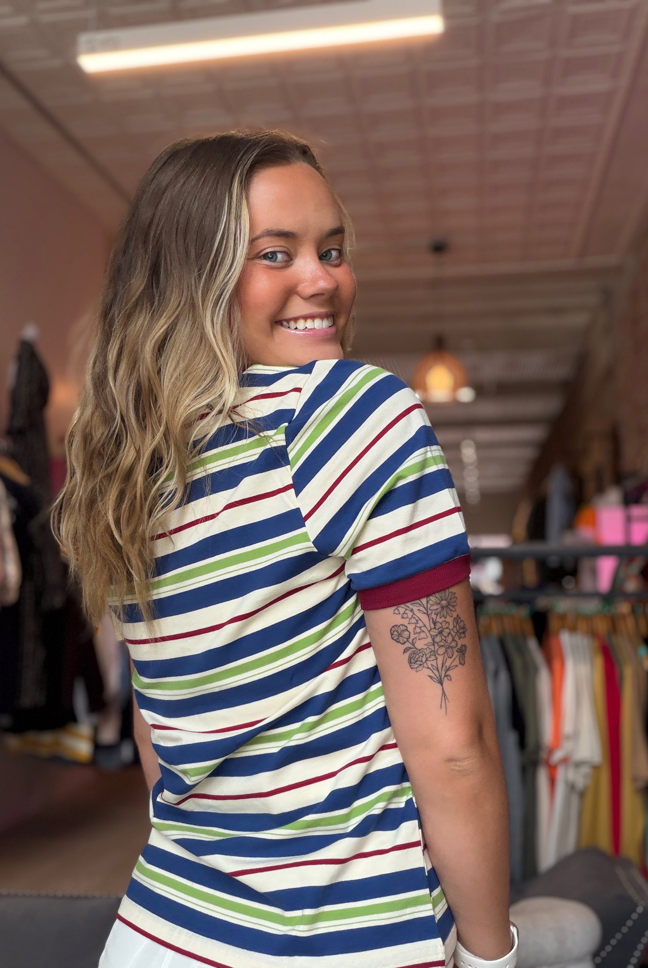 Cara Navy Multistriped Top-Short Sleeves-Staccato-The Funky Zebra Ames, Women's Fashion Boutique in Ames, Iowa