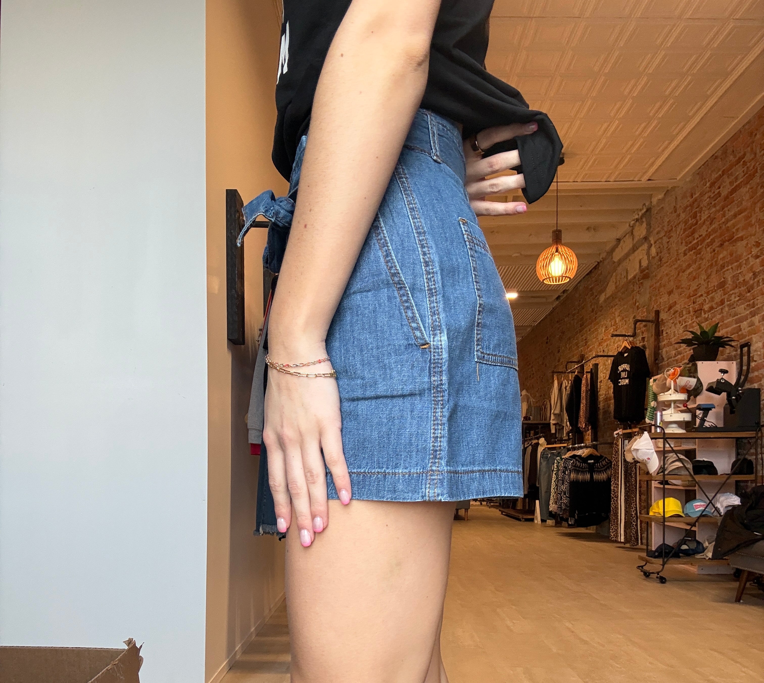 Rory Denim Paper Bag Shorts-Shorts-Miou Muse-The Funky Zebra Ames, Women's Fashion Boutique in Ames, Iowa