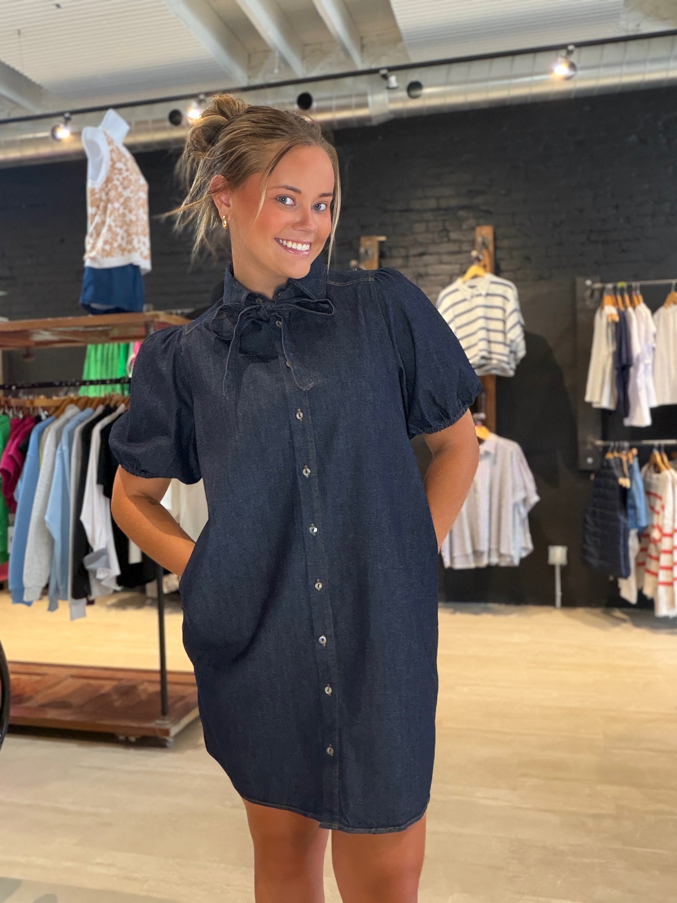 Dolly Denim Dress-Dresses-She & Sky-The Funky Zebra Ames, Women's Fashion Boutique in Ames, Iowa