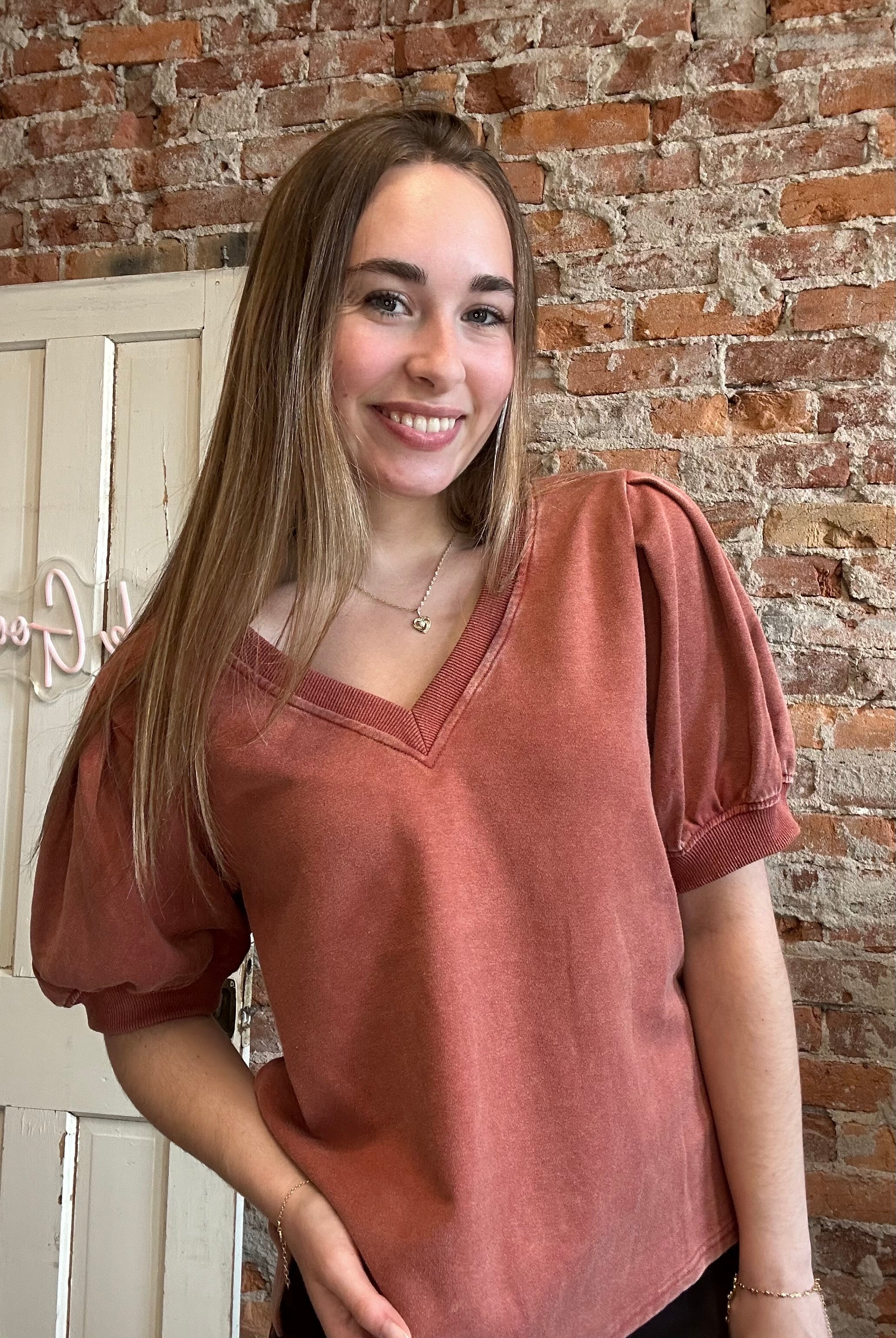 Maya Solid Puff Sleeve V Neck-Jodifl-The Funky Zebra Ames, Women's Fashion Boutique in Ames, Iowa