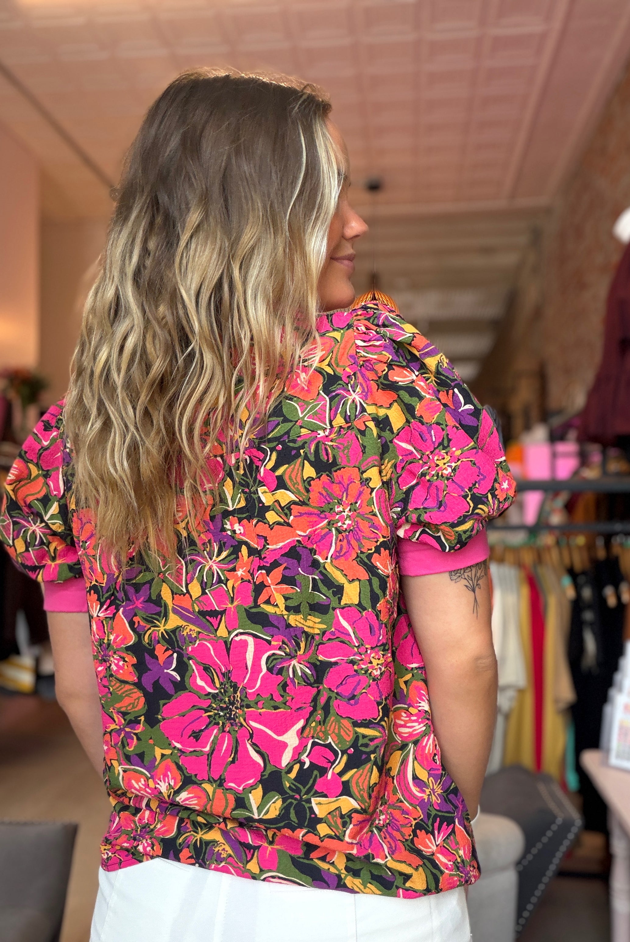 Penni Mandarin Neck Floral Printed Top-Short Sleeves-Staccato-The Funky Zebra Ames, Women's Fashion Boutique in Ames, Iowa