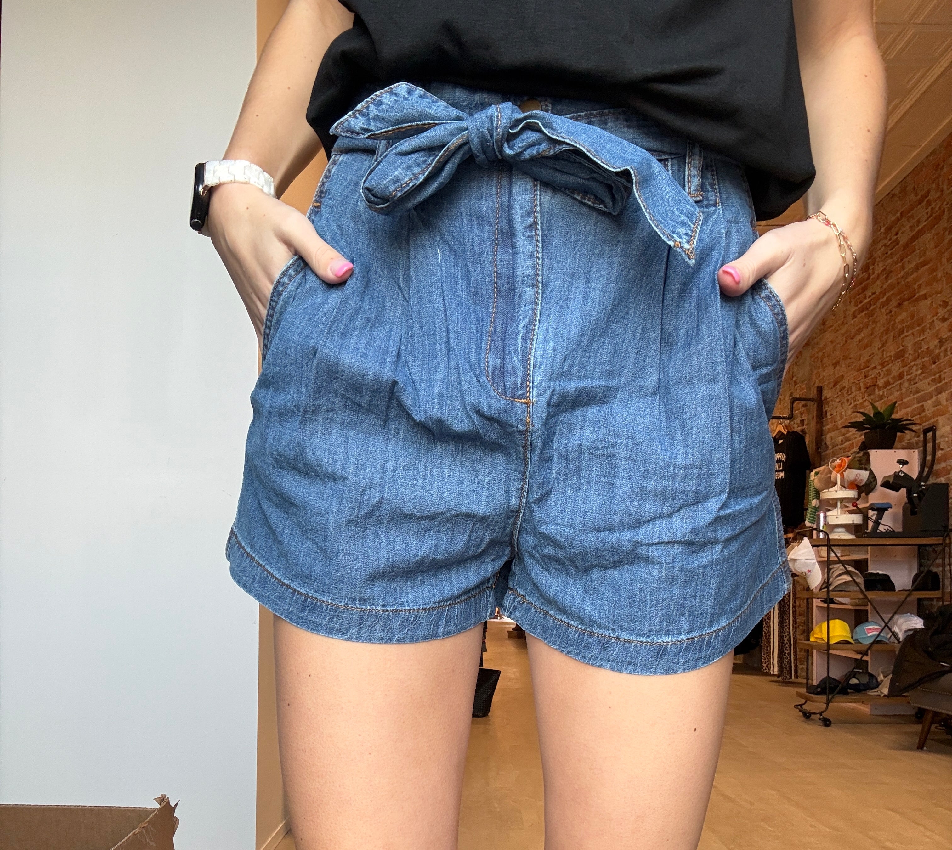Rory Denim Paper Bag Shorts-Shorts-Miou Muse-The Funky Zebra Ames, Women's Fashion Boutique in Ames, Iowa
