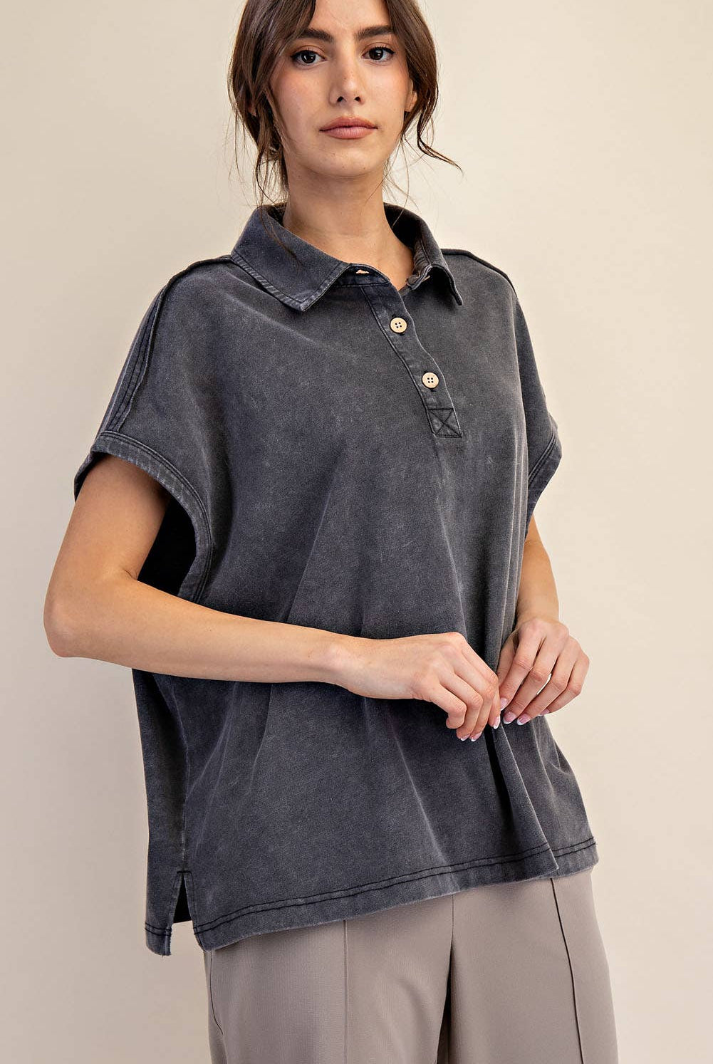 Margot Washed Polo Top-apparel-Rae Mode-The Funky Zebra Ames, Women's Fashion Boutique in Ames, Iowa