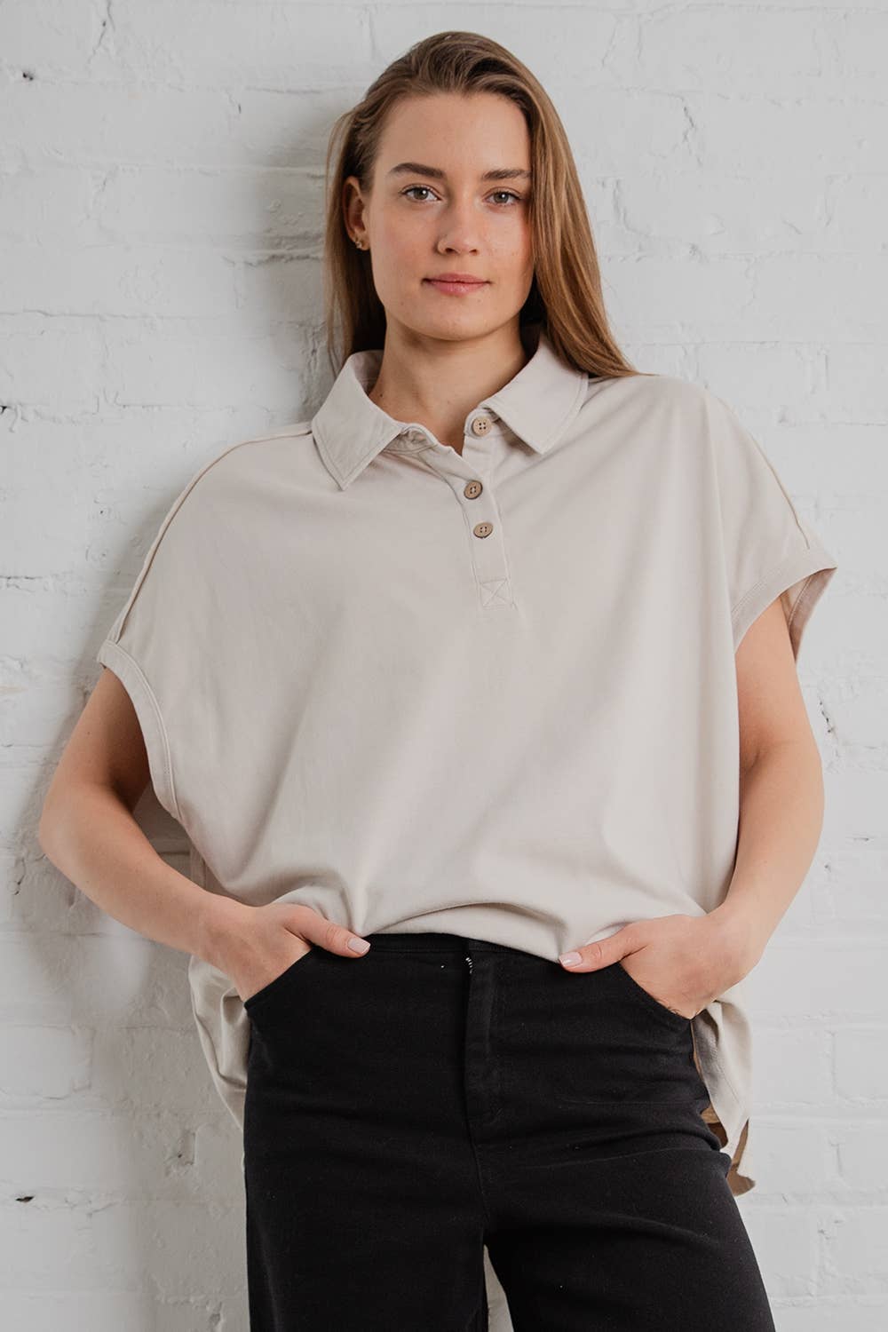 Margot Washed Polo Top-apparel-Rae Mode-The Funky Zebra Ames, Women's Fashion Boutique in Ames, Iowa