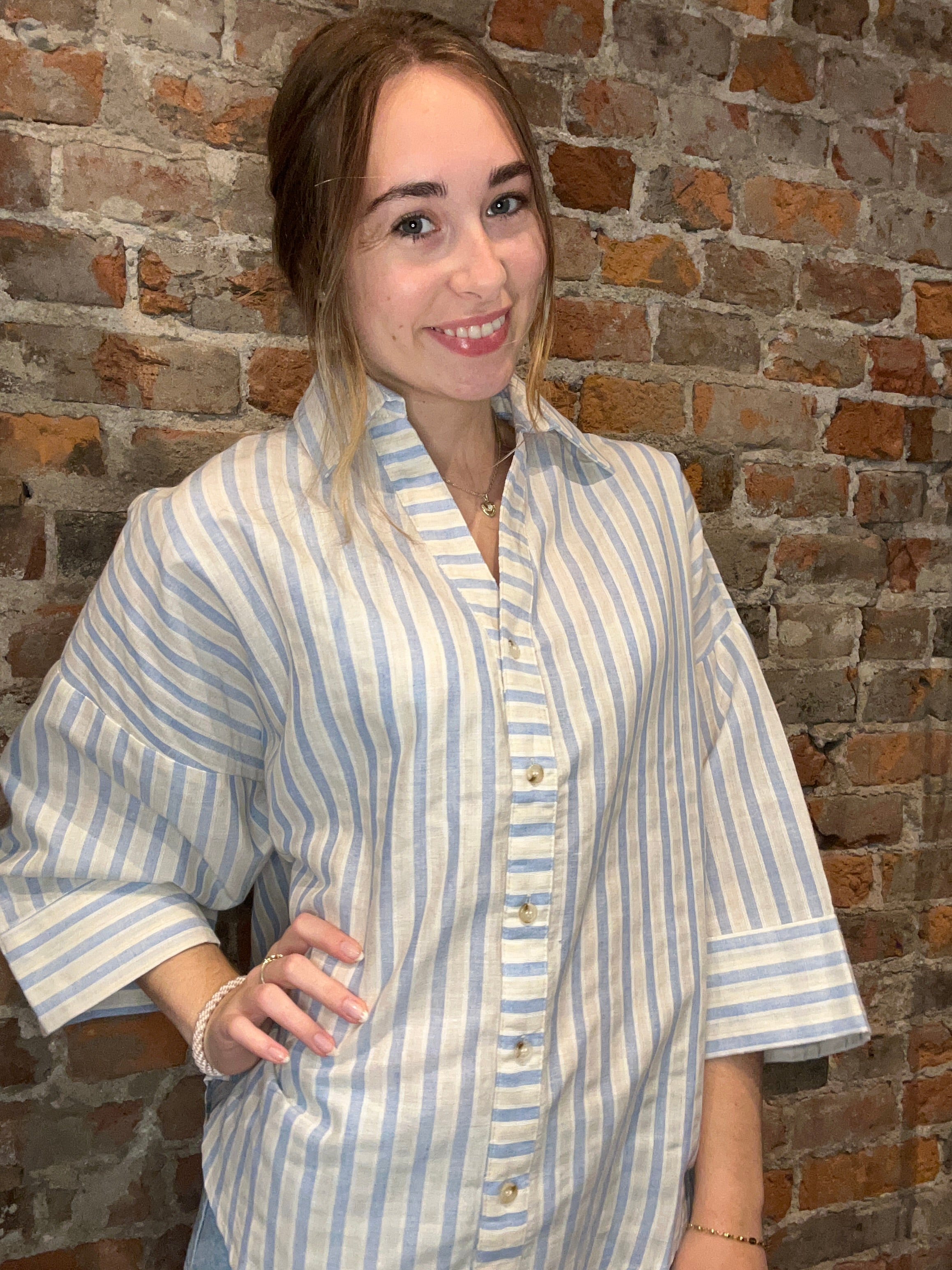 Brooke Split Neck Oversized Button Down Shirt-top-in february-The Funky Zebra Ames, Women's Fashion Boutique in Ames, Iowa