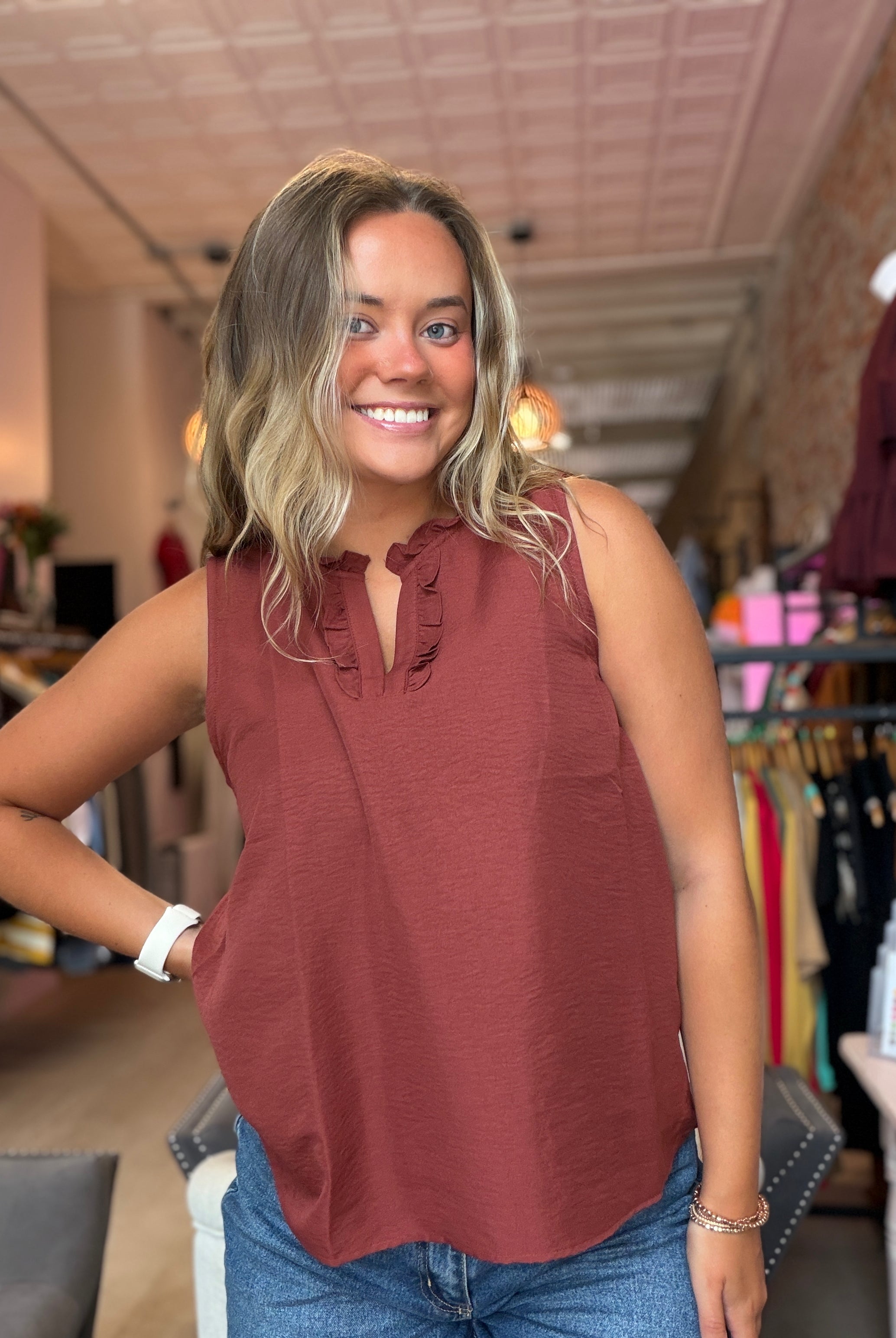 Sierra Copper Ruffle Detail Sleeveless Top-Tank Tops-Staccato-The Funky Zebra Ames, Women's Fashion Boutique in Ames, Iowa