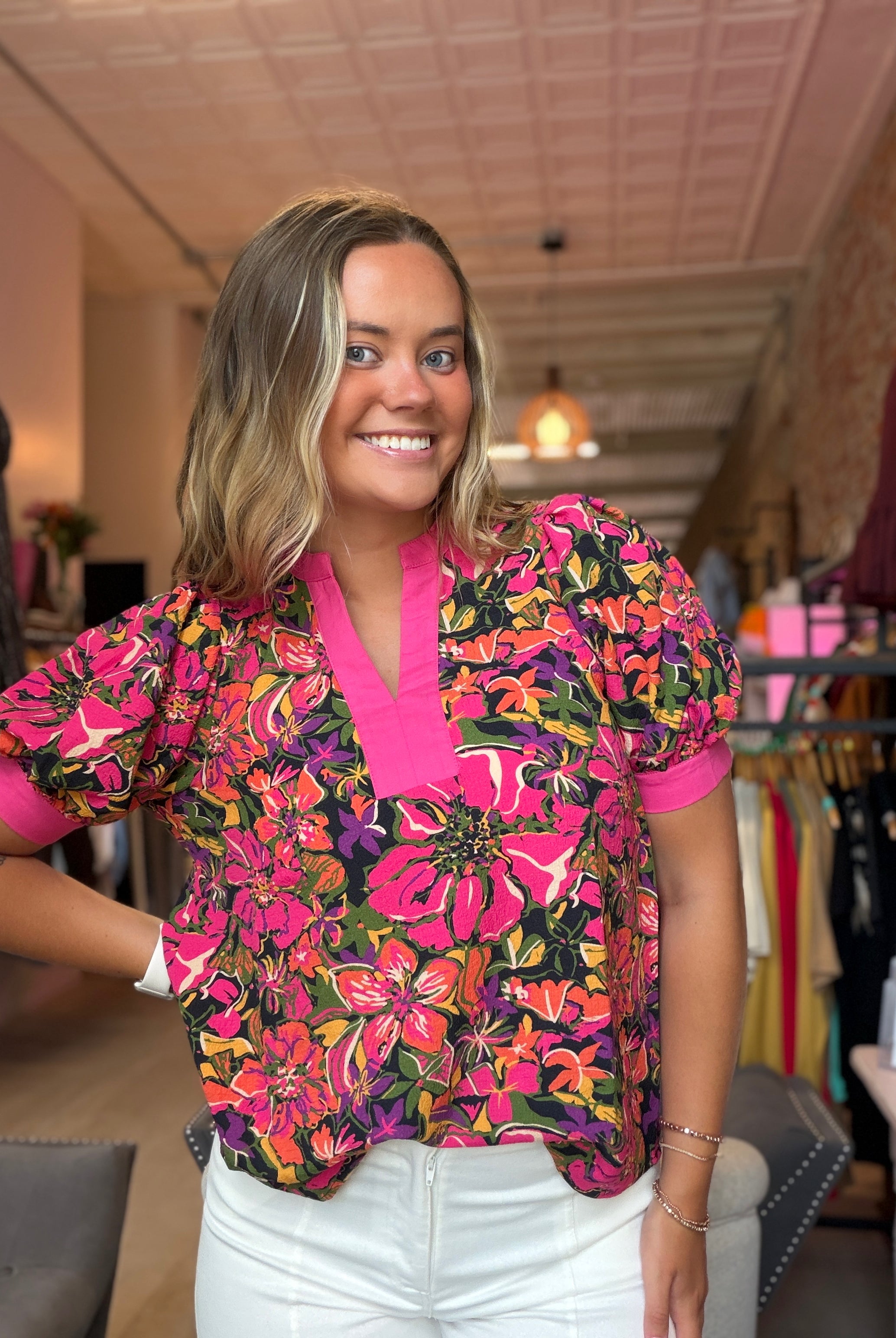 Penni Mandarin Neck Floral Printed Top-Short Sleeves-Staccato-The Funky Zebra Ames, Women's Fashion Boutique in Ames, Iowa