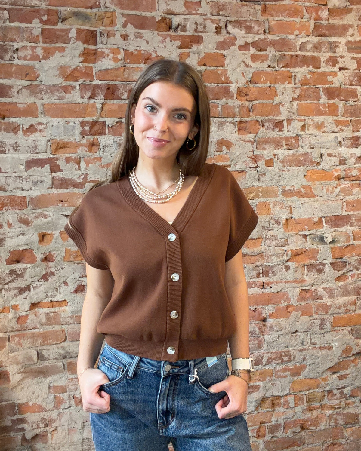 Estelle Button Front Sweater-Short Sleeves-in february-The Funky Zebra Ames, Women's Fashion Boutique in Ames, Iowa
