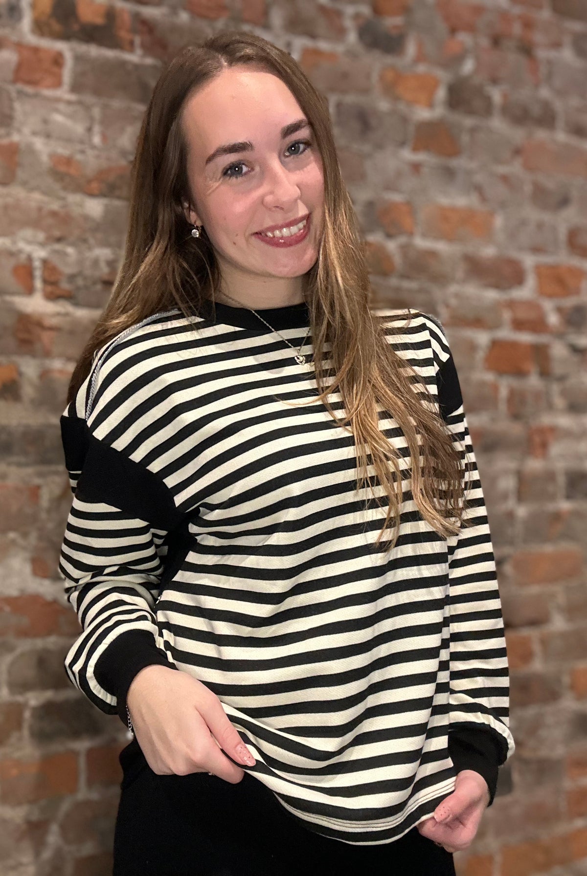 B&W Exposed Seam Striped Sweatshirt-Long Sleeves-Doe and Rae-The Funky Zebra Ames, Women's Fashion Boutique in Ames, Iowa