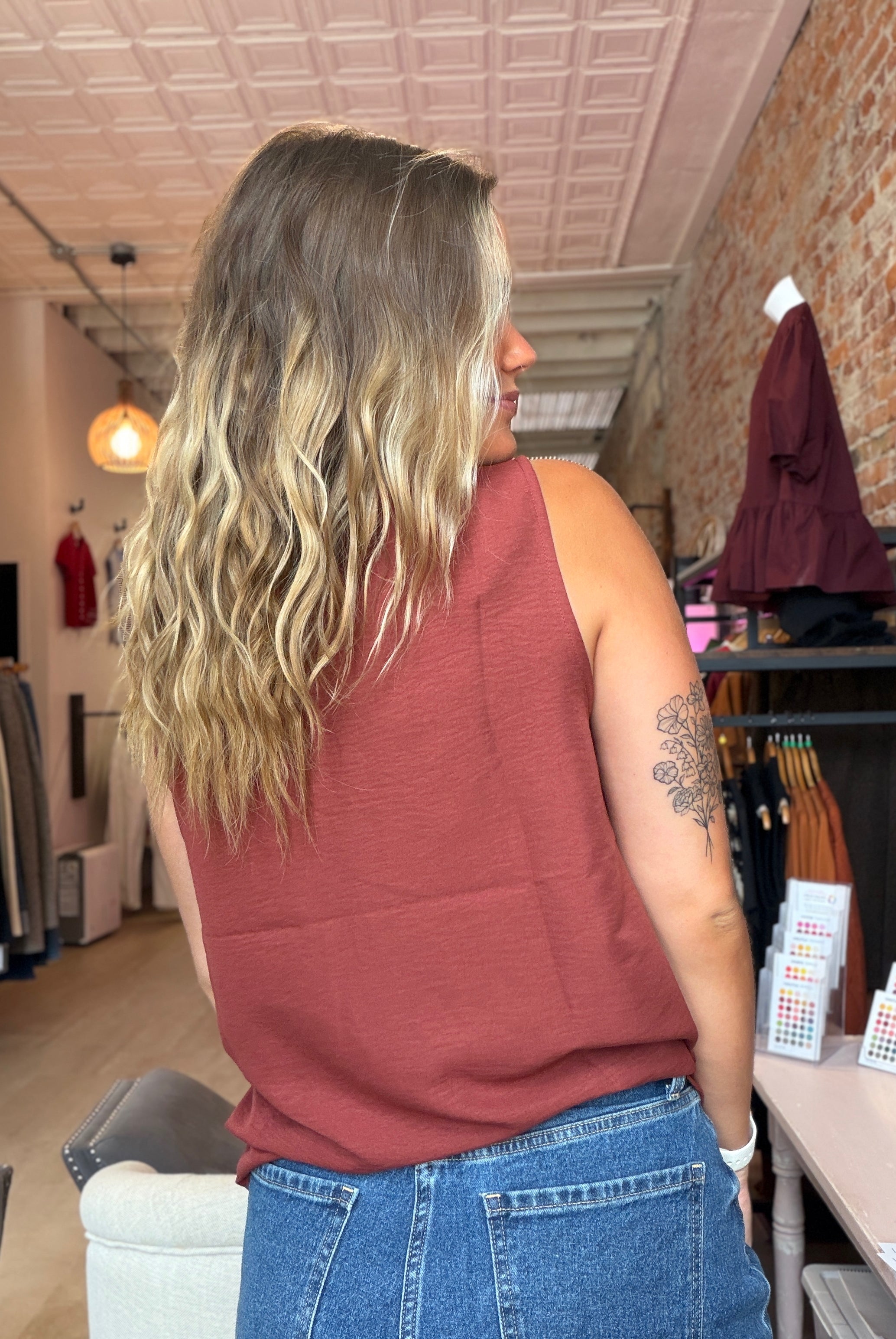 Sierra Copper Ruffle Detail Sleeveless Top-Tank Tops-Staccato-The Funky Zebra Ames, Women's Fashion Boutique in Ames, Iowa