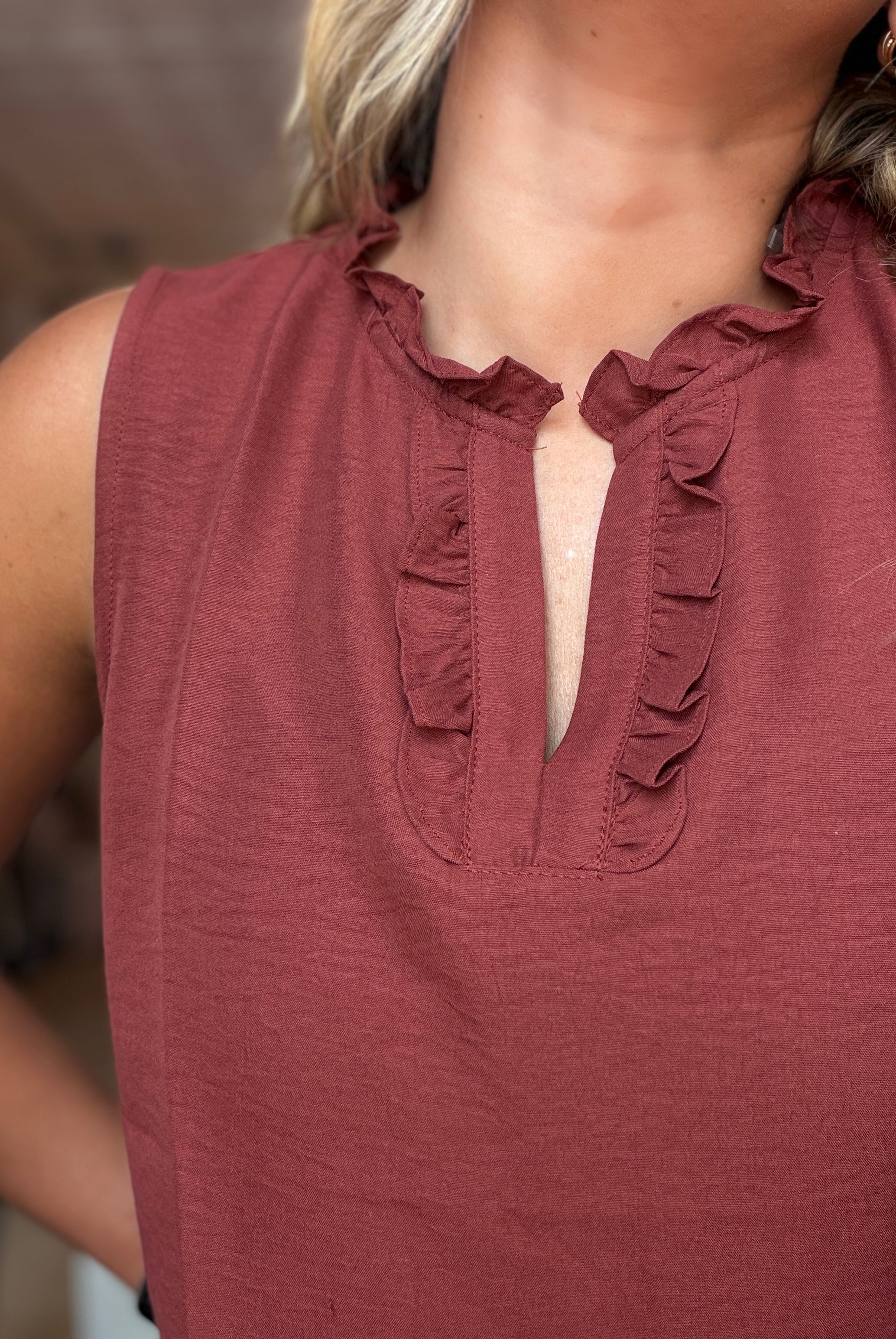 Sierra Copper Ruffle Detail Sleeveless Top-Tank Tops-Staccato-The Funky Zebra Ames, Women's Fashion Boutique in Ames, Iowa