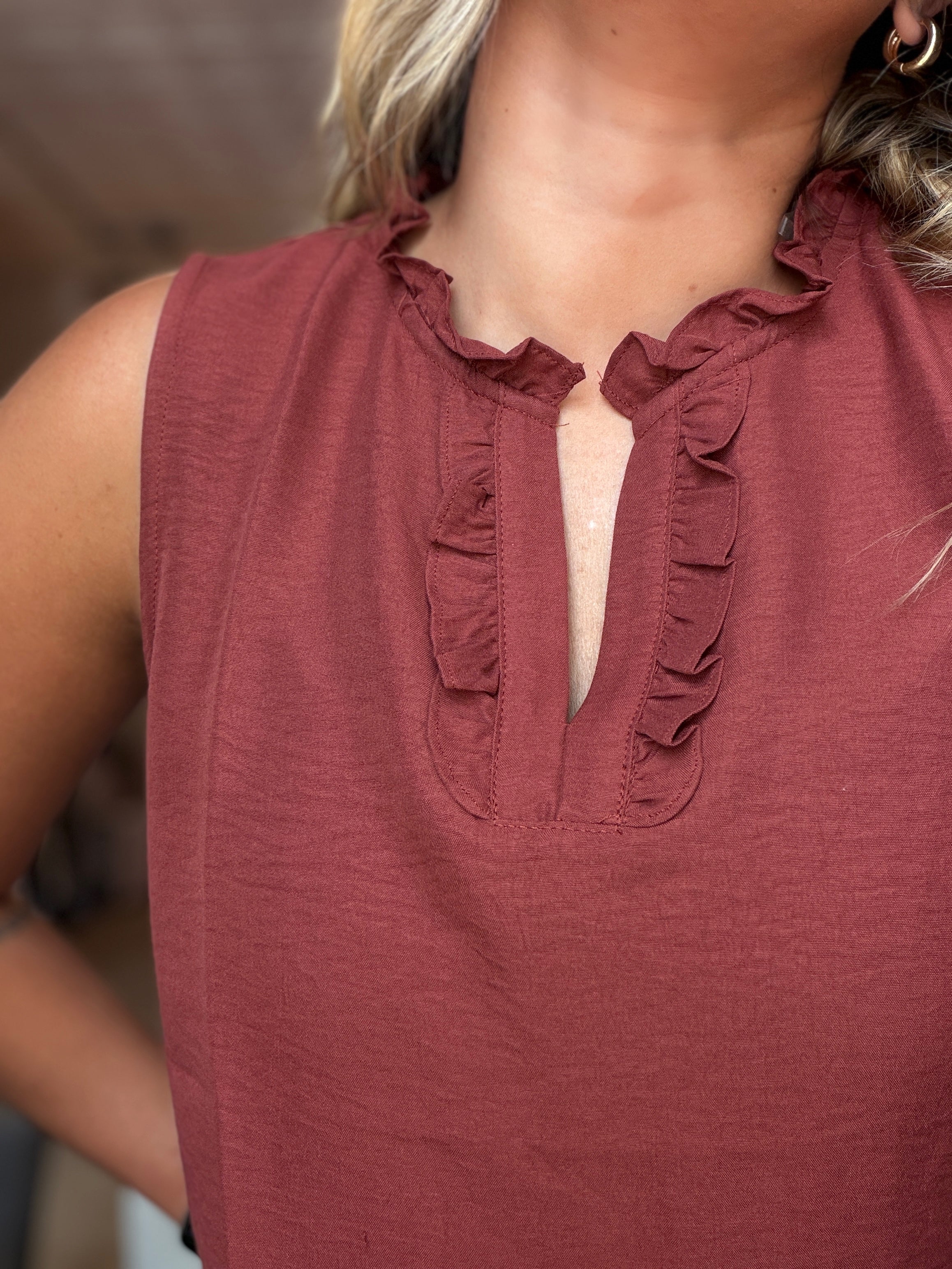 Sierra Copper Ruffle Detail Sleeveless Top-Tank Tops-Staccato-The Funky Zebra Ames, Women's Fashion Boutique in Ames, Iowa
