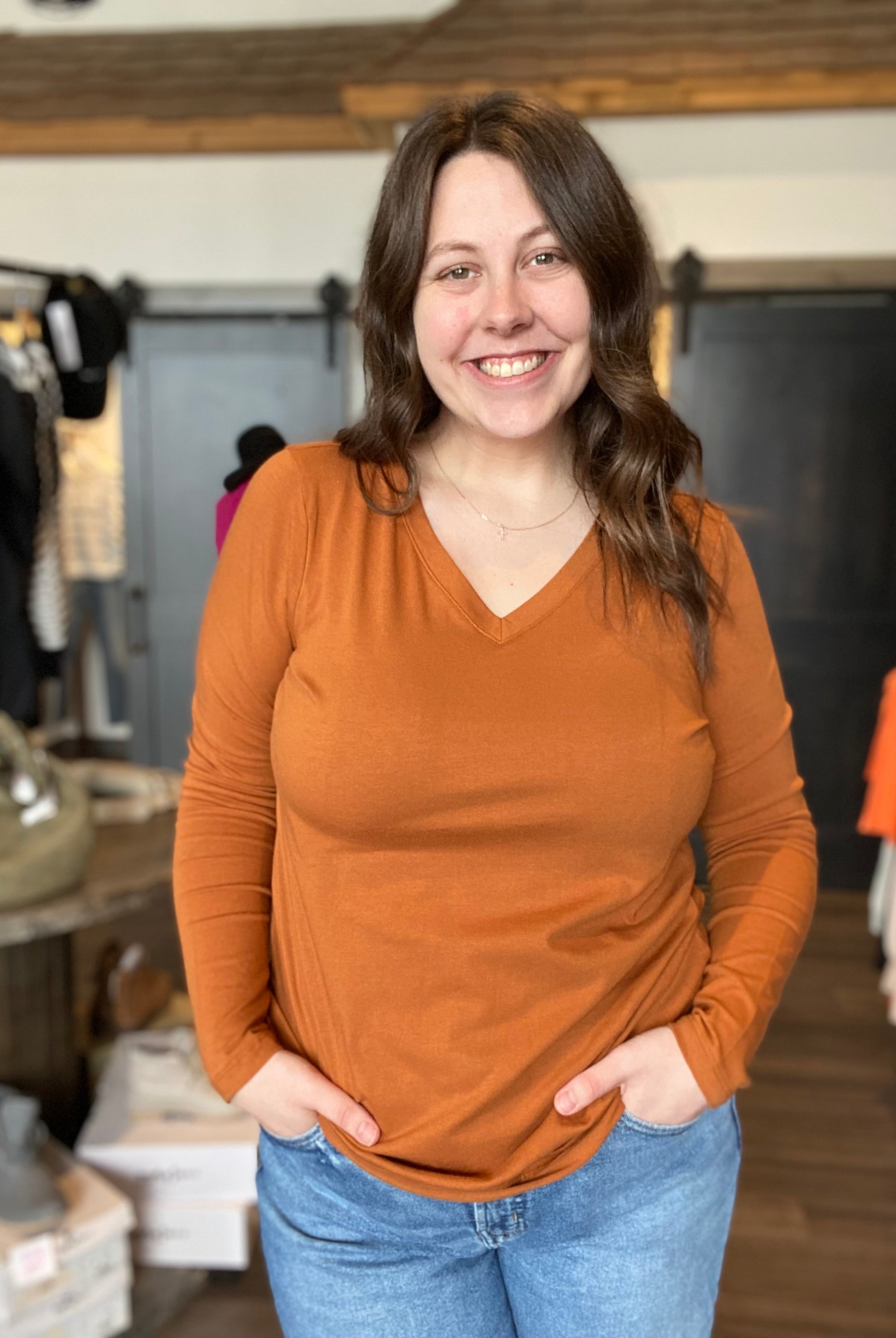 Naomi Cotton Long Sleeve V-Neck CL-The Funky Zebra Ames-The Funky Zebra Ames, Women's Fashion Boutique in Ames, Iowa