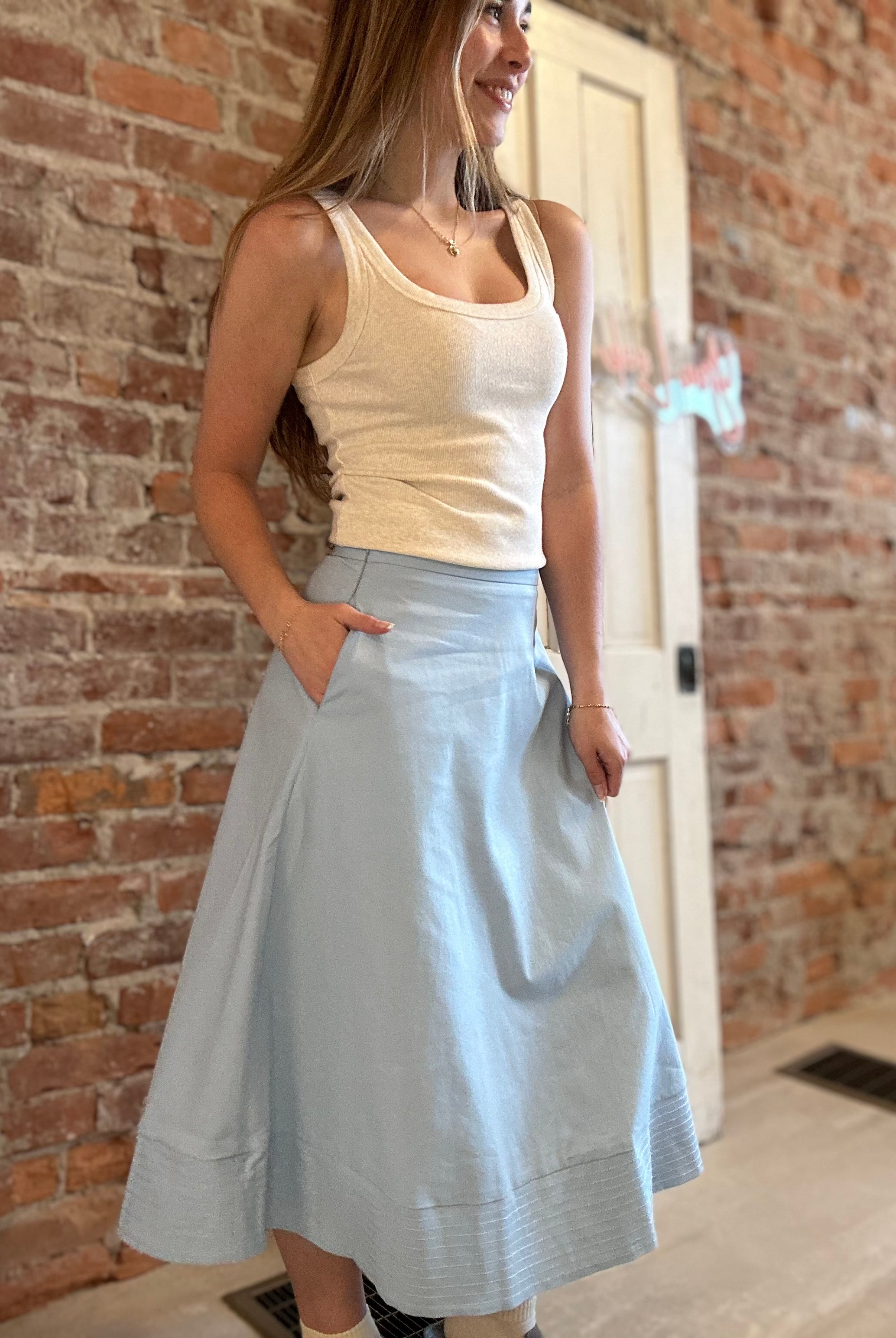 Spring Sky Midi Skirt-Pants-Glam-The Funky Zebra Ames, Women's Fashion Boutique in Ames, Iowa