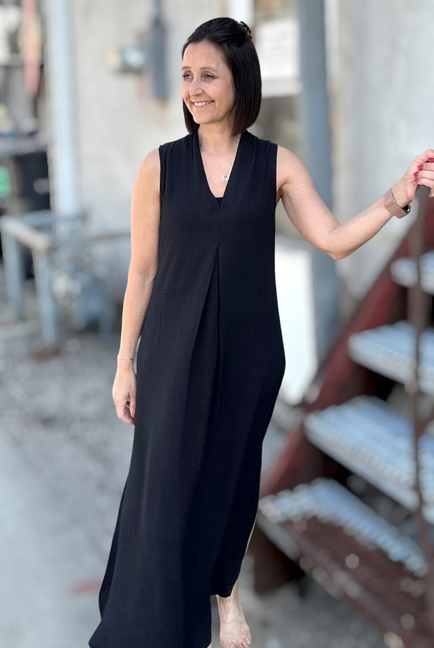 Laurel Black Sleeveless V-Neck Dress-Dresses-Molly Bracken-The Funky Zebra Ames, Women's Fashion Boutique in Ames, Iowa