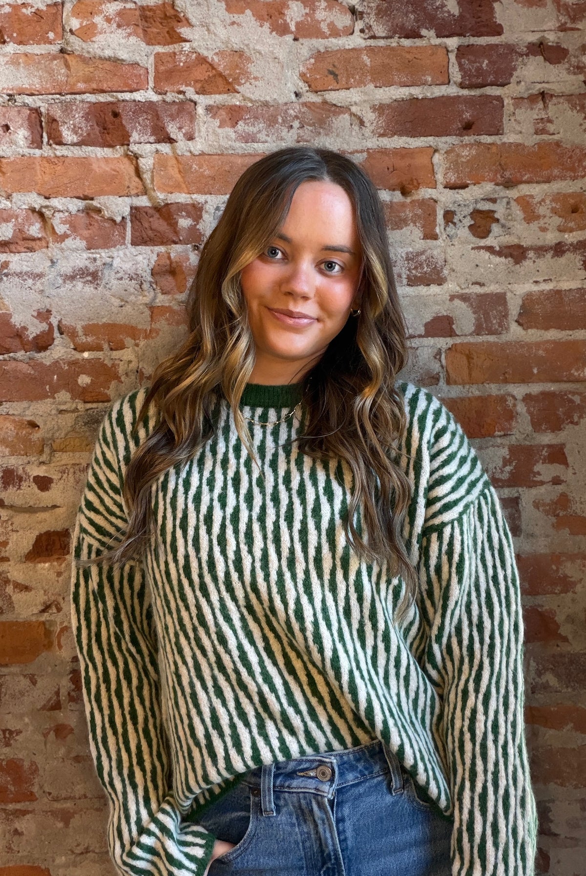 Maisey Green Abstract Stripe Sweater-Sweaters-be young-The Funky Zebra Ames, Women's Fashion Boutique in Ames, Iowa