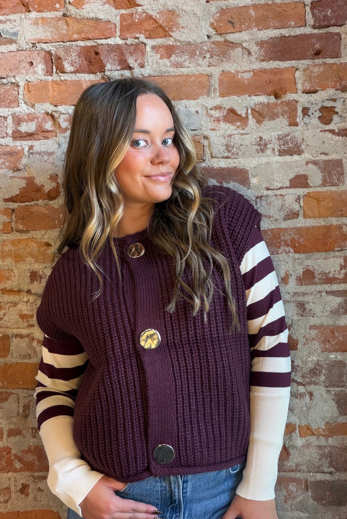Valerie Fig Big Button Vest-Vests-be young-The Funky Zebra Ames, Women's Fashion Boutique in Ames, Iowa