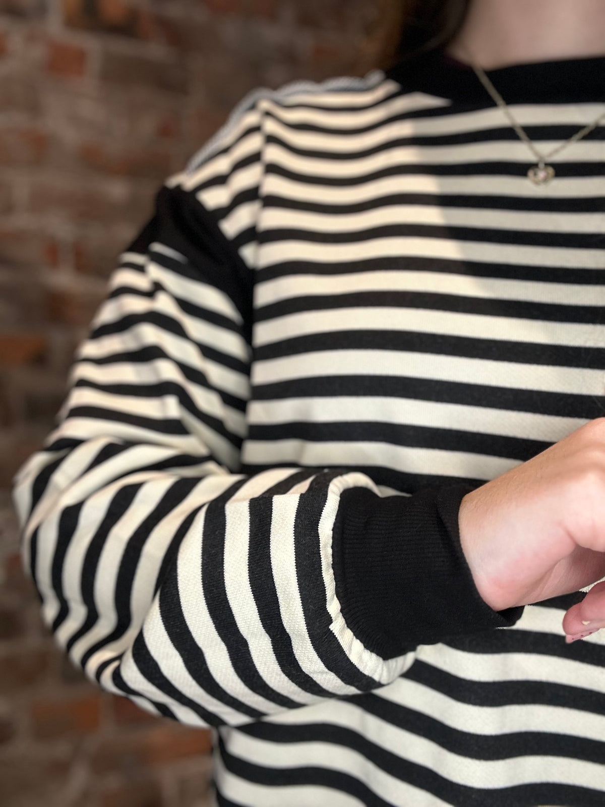 B&W Exposed Seam Striped Sweatshirt-Long Sleeves-Doe and Rae-The Funky Zebra Ames, Women's Fashion Boutique in Ames, Iowa
