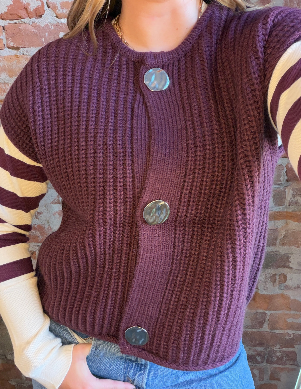 Valerie Fig Big Button Vest-Vests-be young-The Funky Zebra Ames, Women's Fashion Boutique in Ames, Iowa