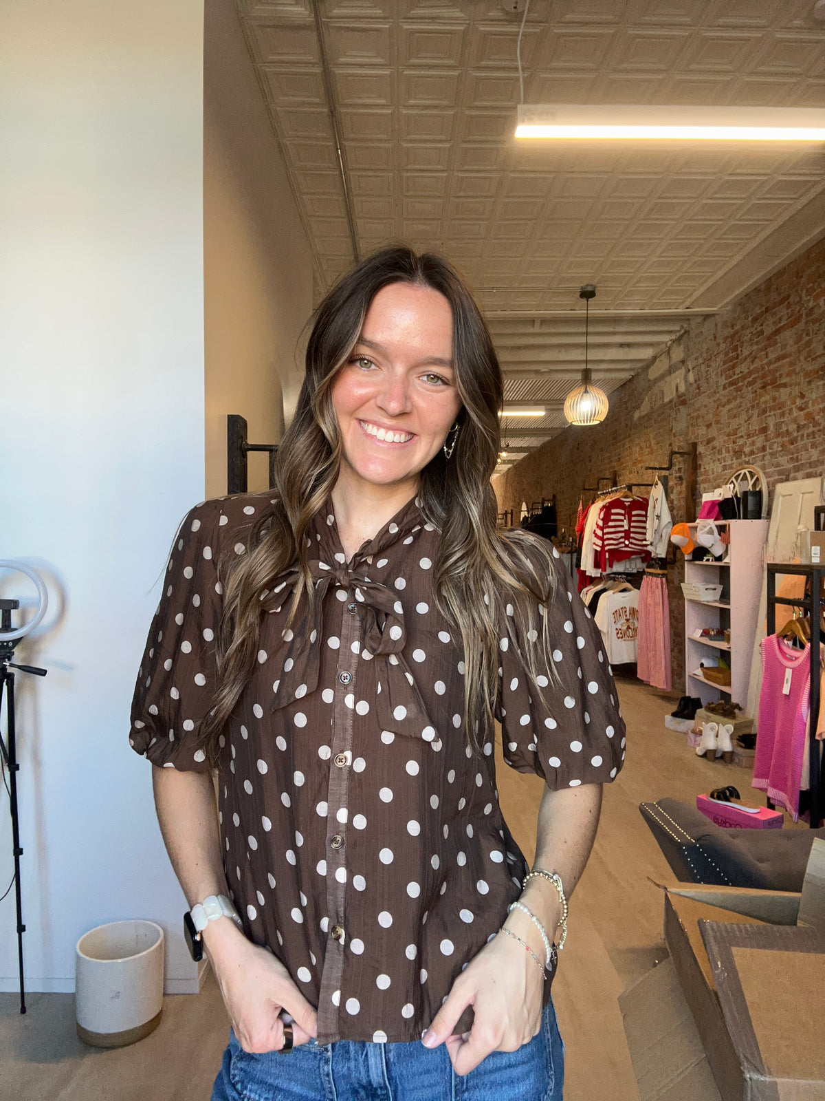Genevieve Polka Dot Scarf Top-apparel-Hayden-The Funky Zebra Ames, Women's Fashion Boutique in Ames, Iowa