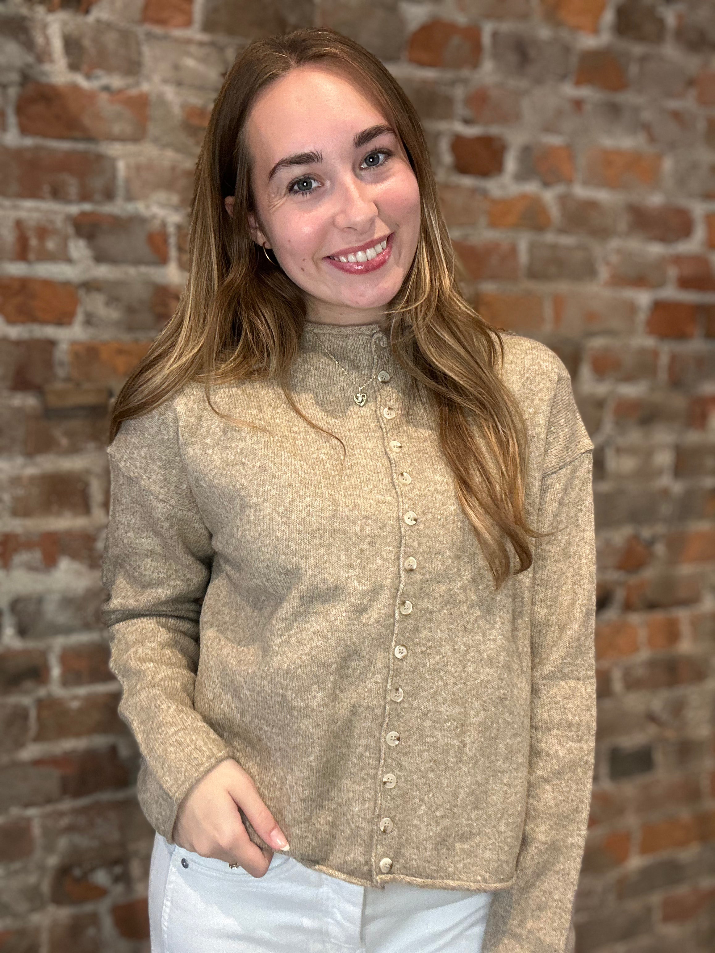 Jazzi Khaki Mock Neck Button Down Cardigan-Cardigans-Blu Pepper-The Funky Zebra Ames, Women's Fashion Boutique in Ames, Iowa