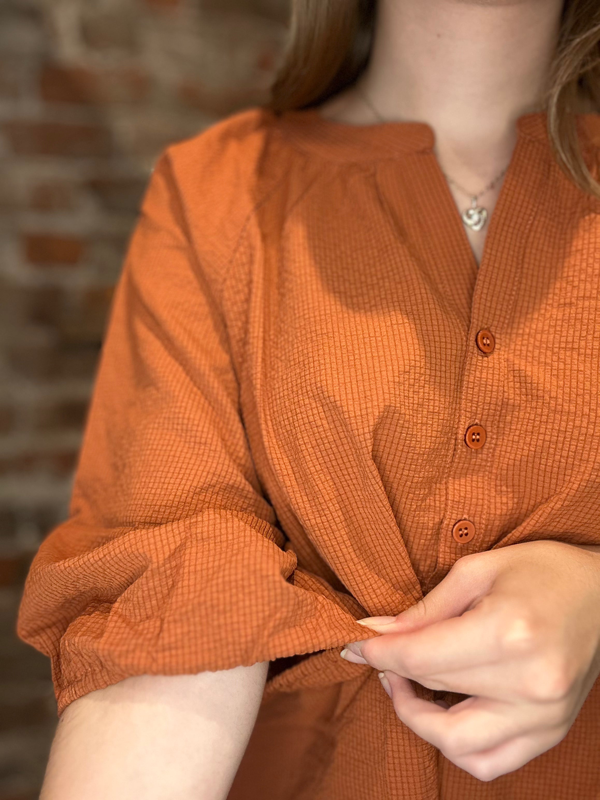 Brandi Rust Three Quarter Sleeve Top-top-heimish-The Funky Zebra Ames, Women's Fashion Boutique in Ames, Iowa