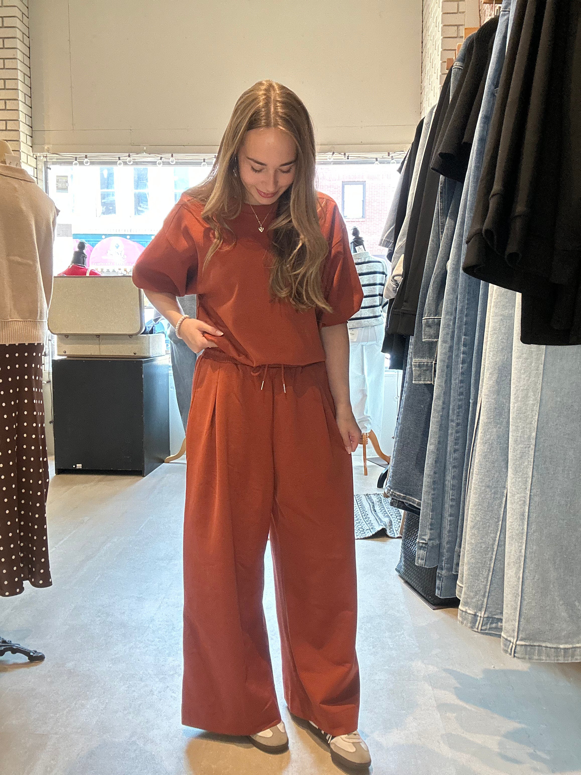 Trista Rust Drawstring Pants-pants-Glam-The Funky Zebra Ames, Women's Fashion Boutique in Ames, Iowa