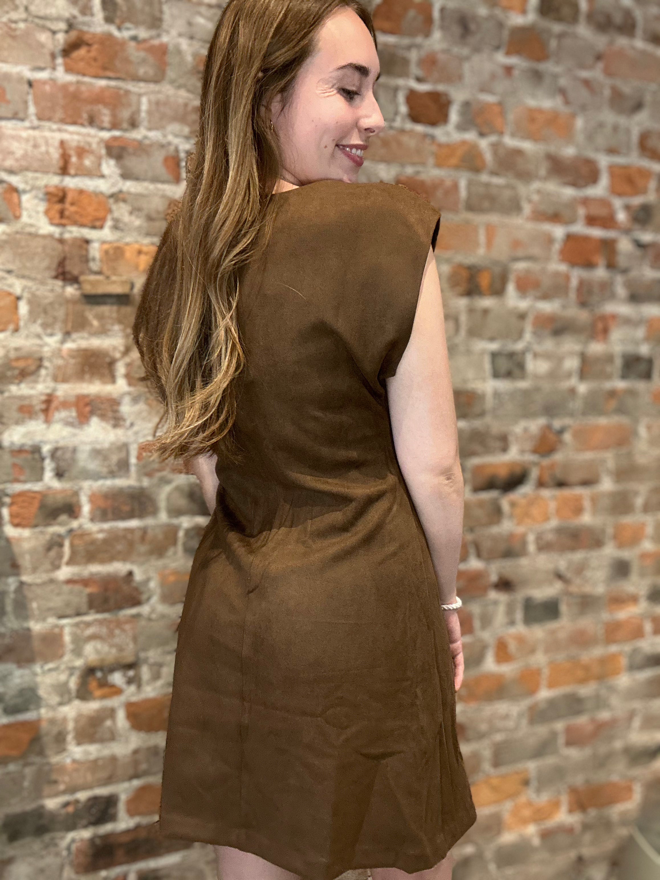 Lauren Brown Suede Mini Dress-Dresses-Glam-The Funky Zebra Ames, Women's Fashion Boutique in Ames, Iowa